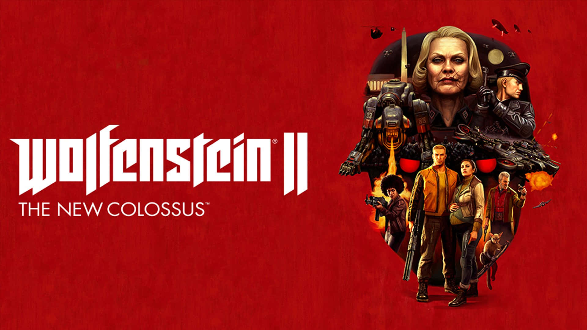 電玩遊戲 桌布 壁紙 — 大膽的紅色背景展示 Wolfenstein II 遊戲標題，以及武裝角色和機械士兵的戲劇性插圖。
