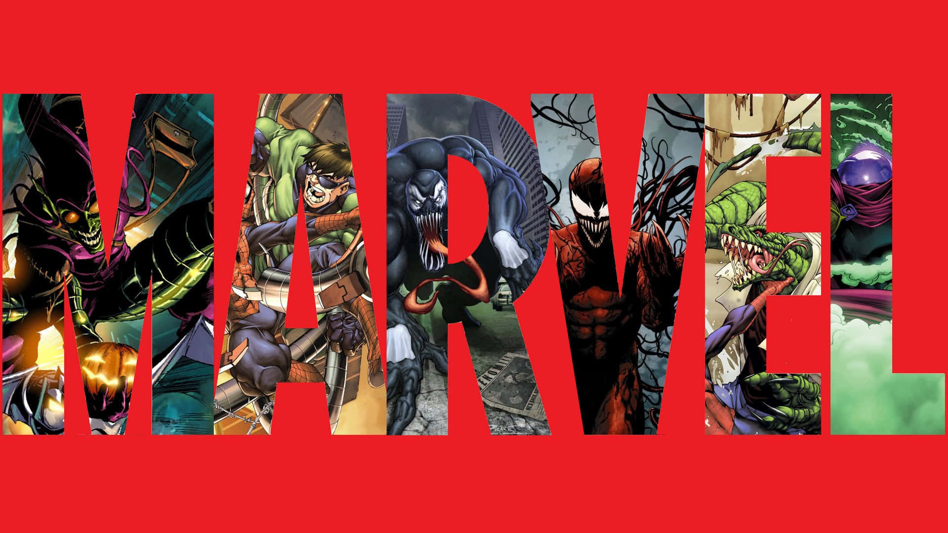 Marvel Desktop 桌布 壁紙 — 大膽的紅色背景展示Marvel標誌，標誌性的反派如Venom和Carnage以動態漫畫藝術風格從每個字母中衝出。