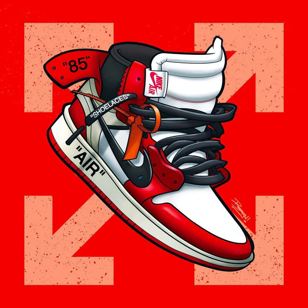 Air Jordan 1 桌布 壁紙 — 大膽的紅色背景展示了一雙帶有黑色鞋帶和橙色點綴的時尚運動鞋，搭配塗鴉風格的設計。