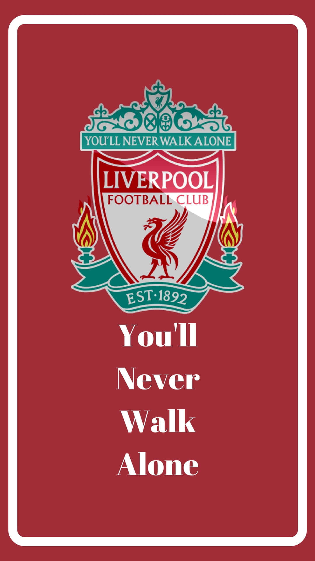 Liverpool Logo 桌布 壁紙 — 大膽的紅色背景展示利物浦足球俱樂部徽章，上有紅色利物鳥和火焰，兩側以白色文字寫著格言 You'll Never Walk Alone。