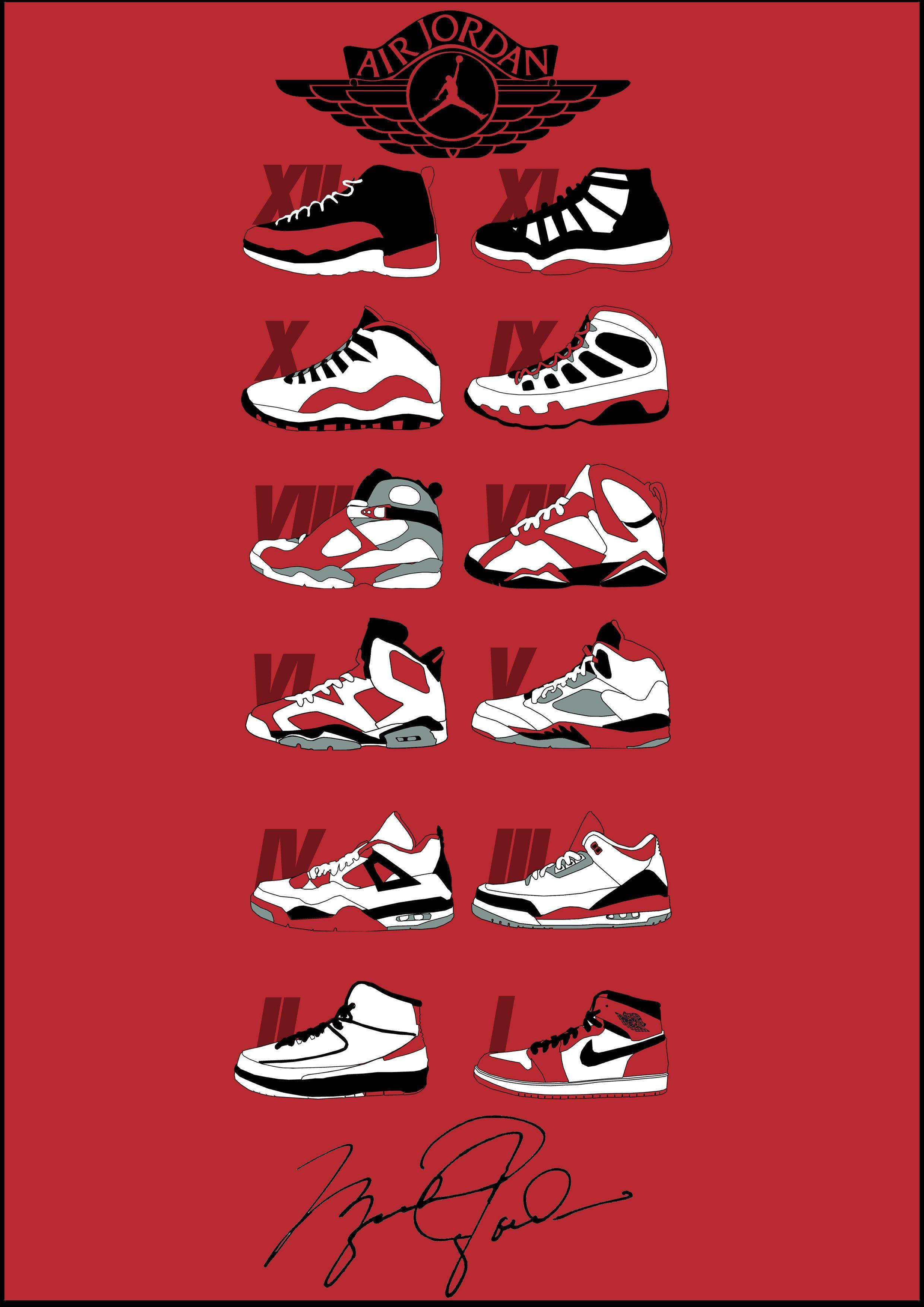 卡通鞋子 桌布 壁紙 — 大膽的紅色背景展示十雙標誌性Air Jordan運動鞋垂直排列，上方有羅馬數字和Jumpman標誌。