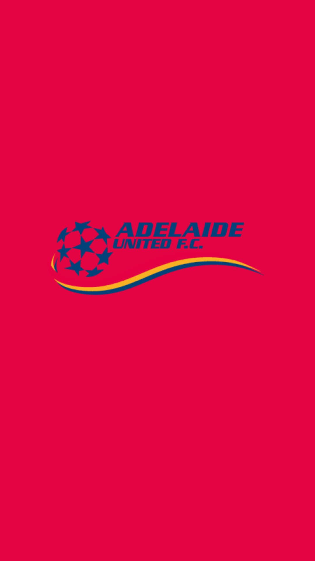 Adelaide United 桌布 壁紙 — 大膽的紅色背景展示阿德萊德聯足球會標誌，帶有藍色星形球和黃藍色弧線。