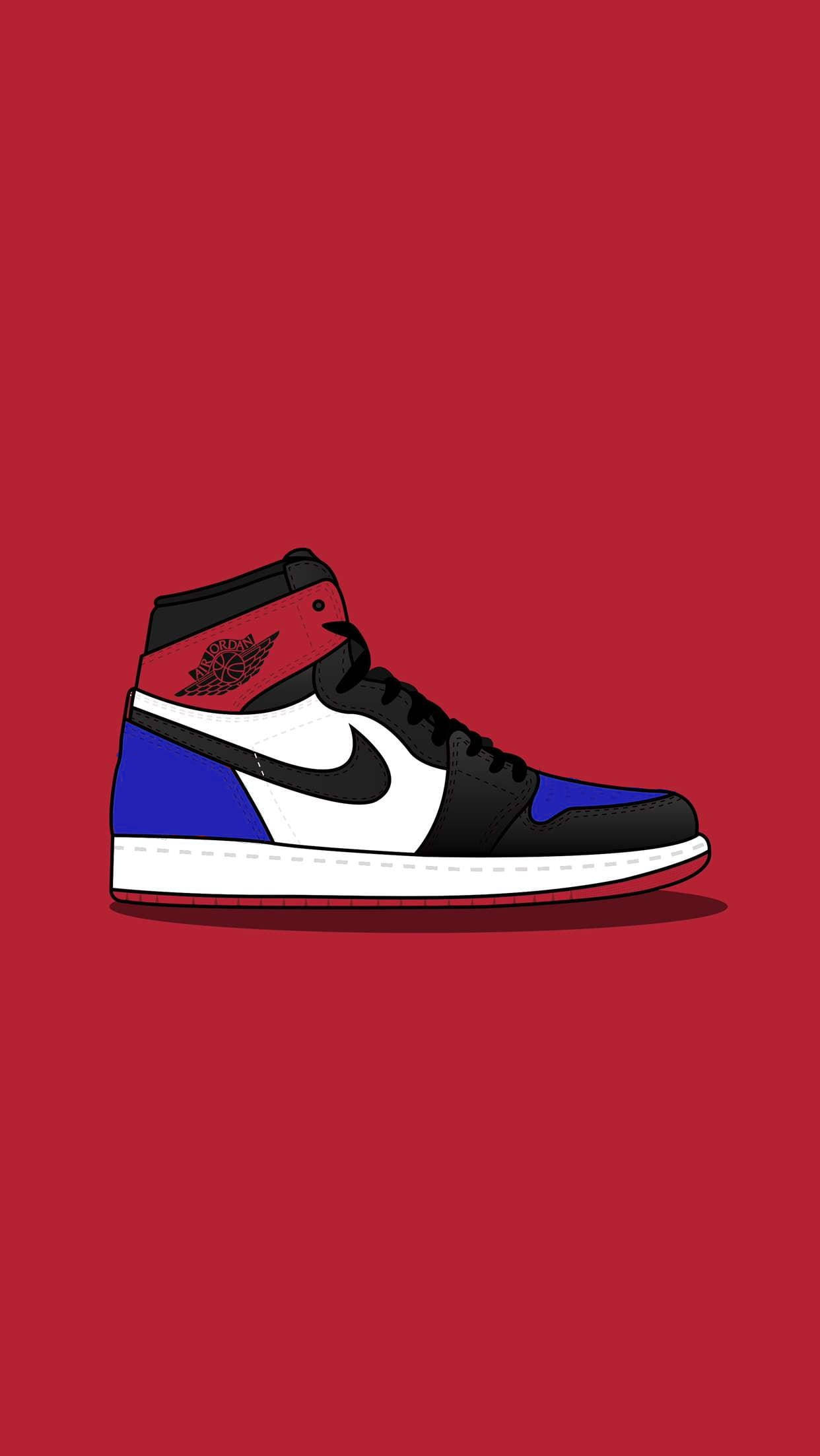 Nike 桌布 壁紙 — 大膽的紅色背景突出了帶有黑色、白色和藍色面板以及黑色Swoosh的時尚高筒運動鞋。