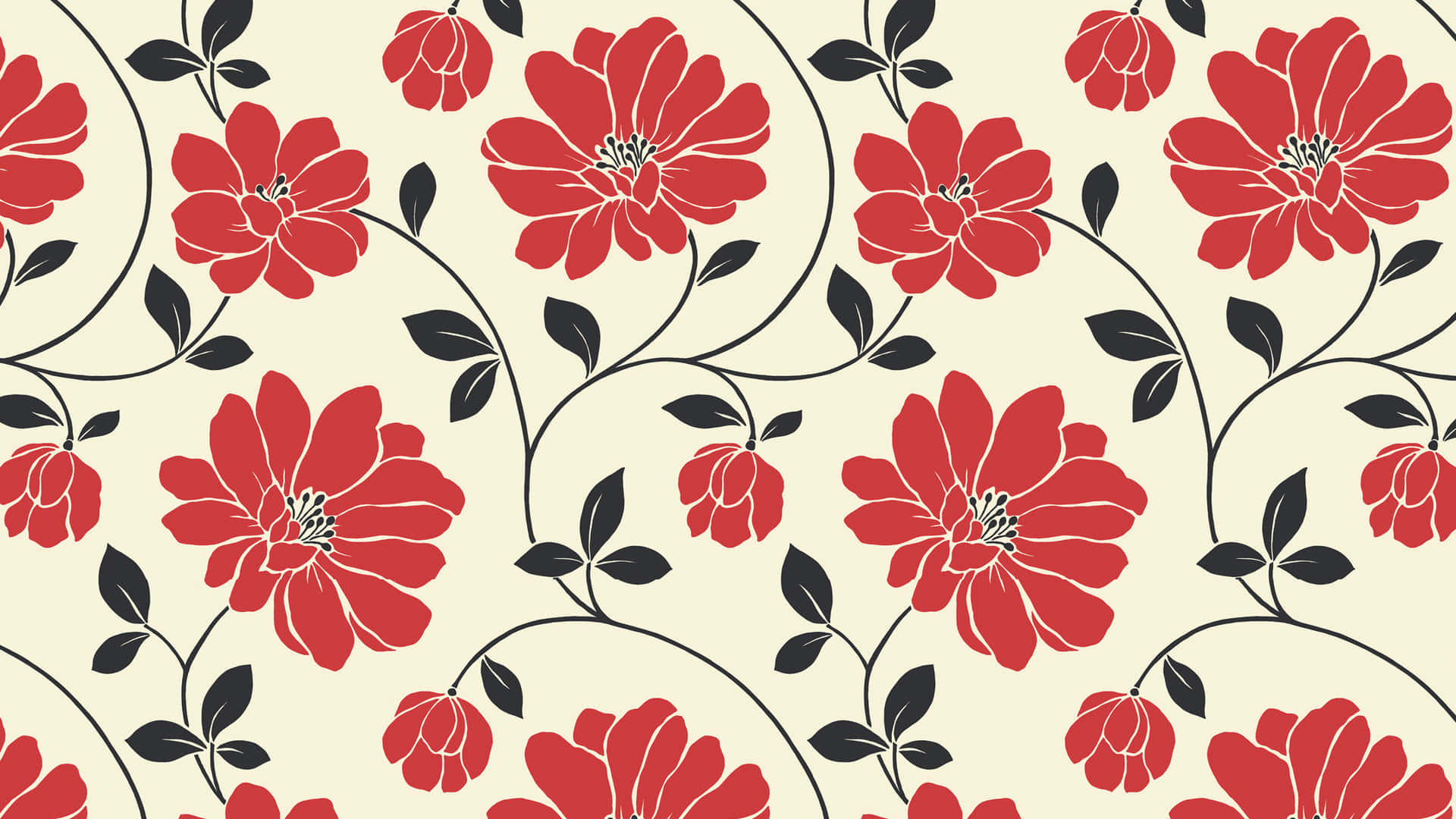 Flowers 桌布 壁紙 — 大膽的紅色花朵搭配黑色莖葉，在奶油色背景上重複流動圖案。