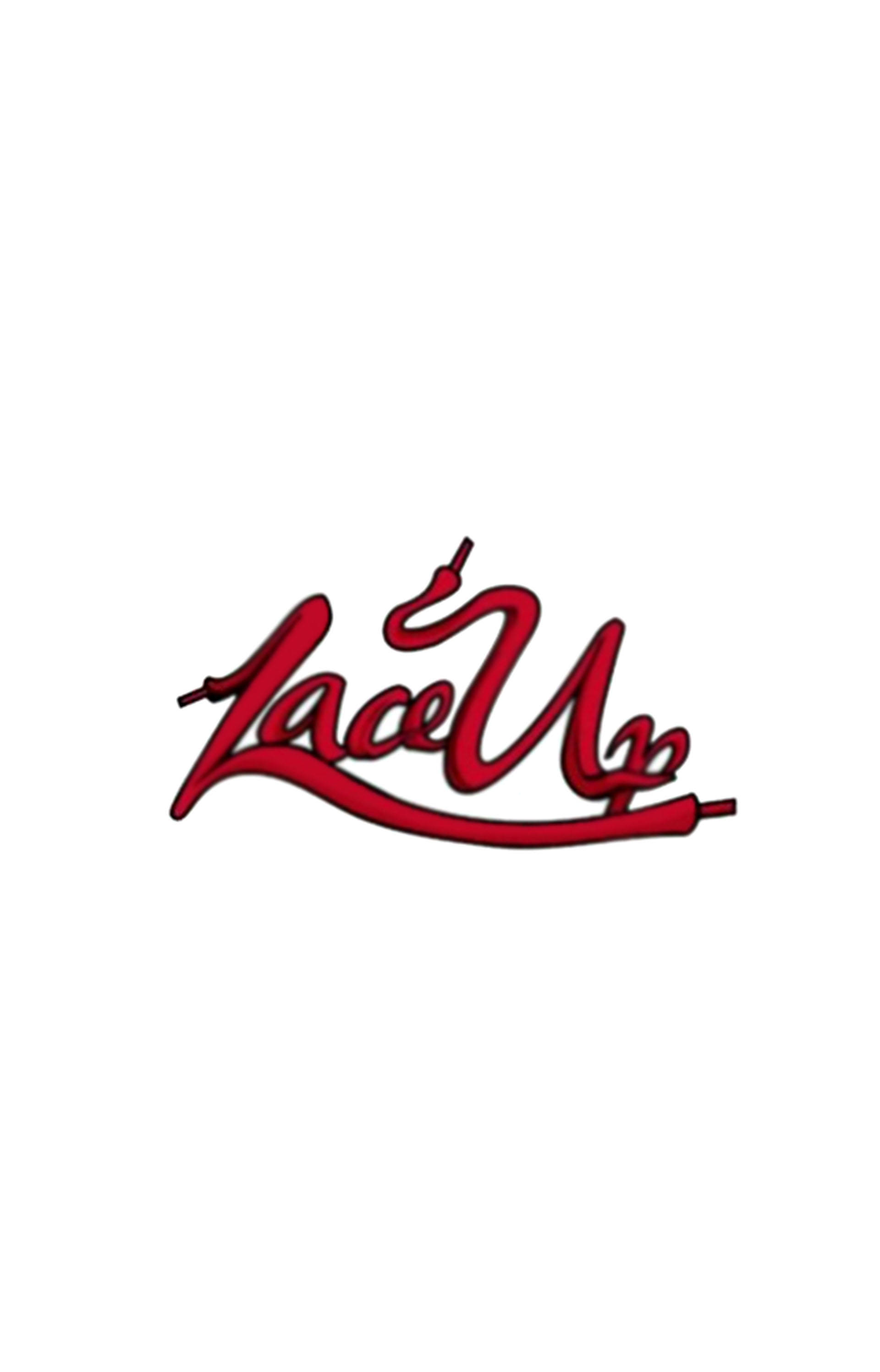 Lace 桌布 壁紙 — 大膽的紅色草書 'Lace Up' 標誌，創意地塑造成鞋帶形狀，置於純白背景上。