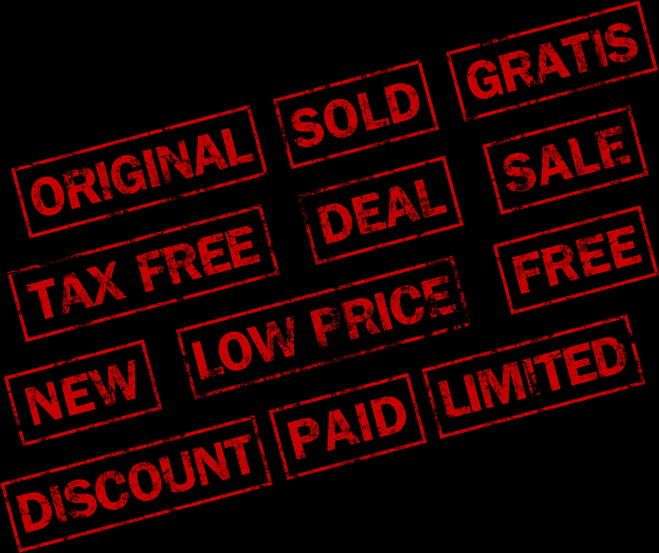 Stamp 桌布 壁紙 — 大膽的紅色蓋章銷售詞語，如 original sold gratis 和 free，對角散落在黑色背景上。