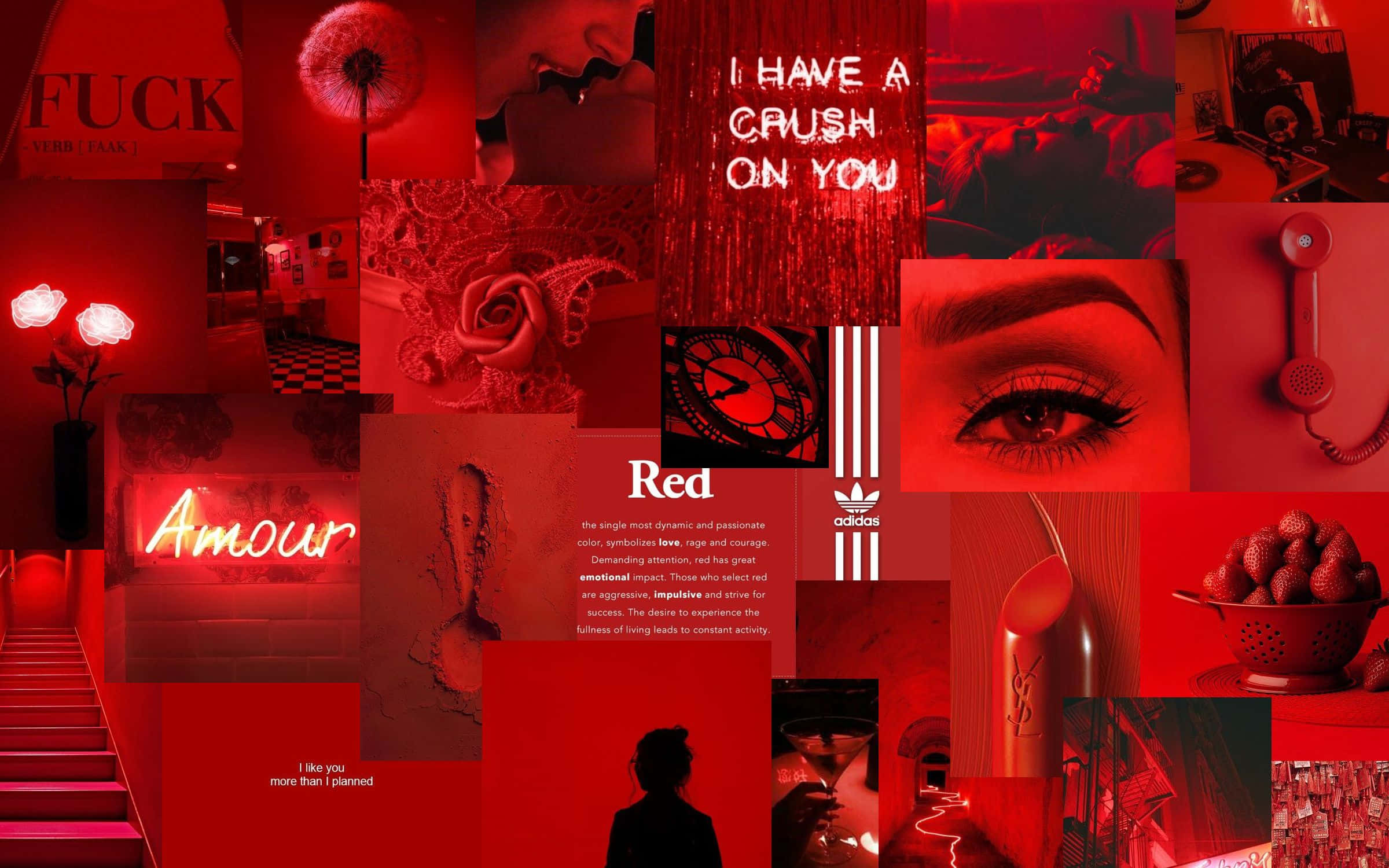 Red Collage 桌布 壁紙 — 大膽的紅色調拼貼畫，包含眼睛、嘴唇、草莓、霓虹燈標誌和文字片段，喚起激情與慾望。