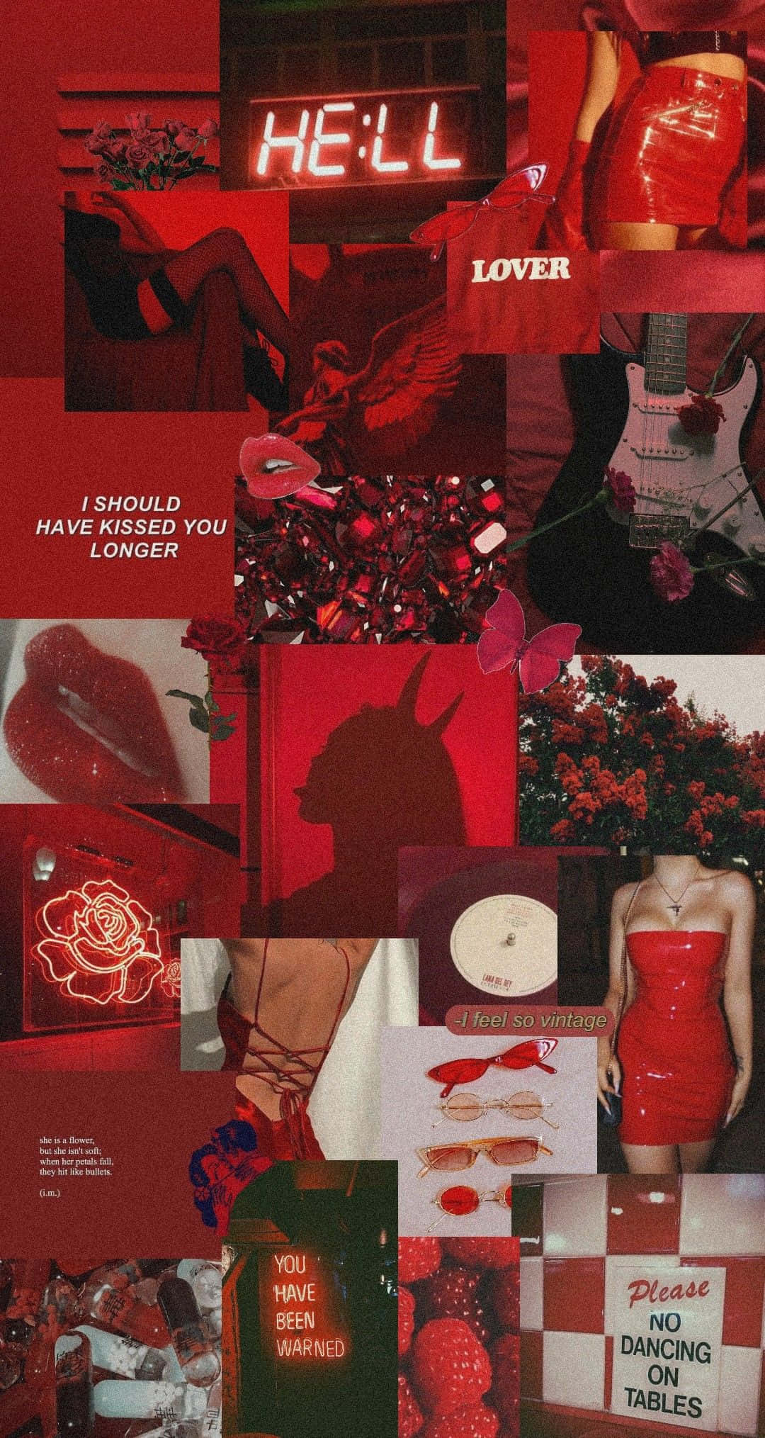 Soft Red Aesthetic 桌布 壁紙 — 大膽的紅色調拼貼畫，包含霓虹燈牌、嘴唇、吉他和文字片段，營造出性感而前衛的美感。
