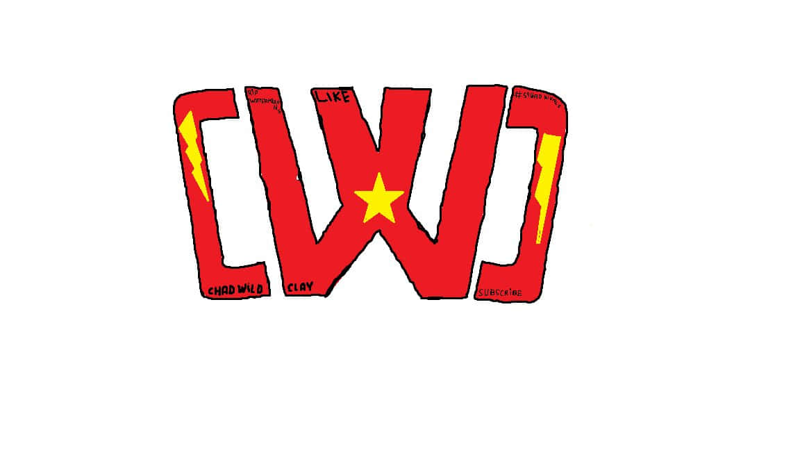 Cwc 桌布 壁紙 — 大膽的紅色風格化CW標誌，帶有黃色星星和閃電，白色背景。