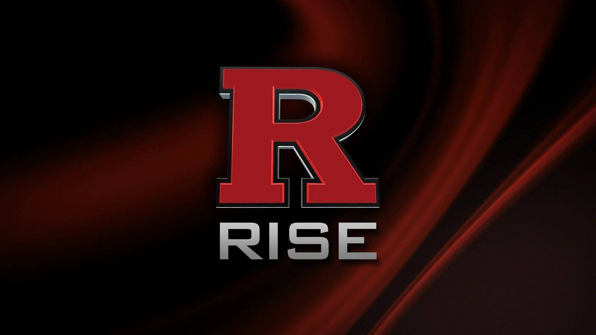 美學 桌布 壁紙 — 大膽的紅色風格化R和金屬銀色的單詞RISE，背景是流動的深紅色布料。