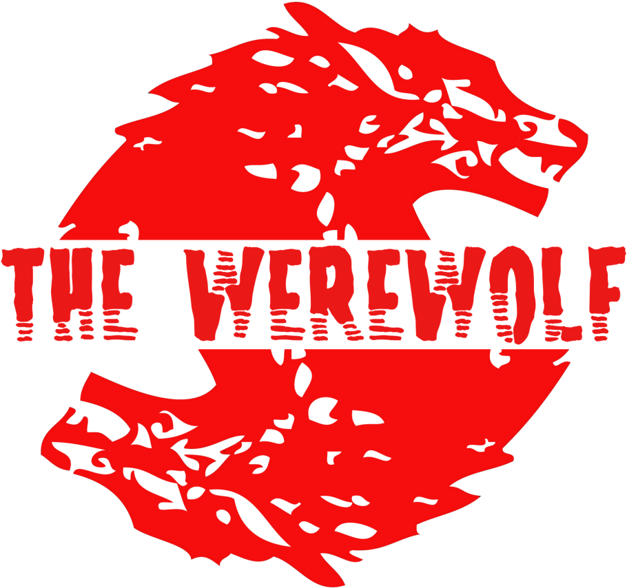 狼人 桌布 壁紙 — 大膽的紅色風格化狼人頭像圍繞著文字 'THE WEREWOLF'，背景為純黑色。