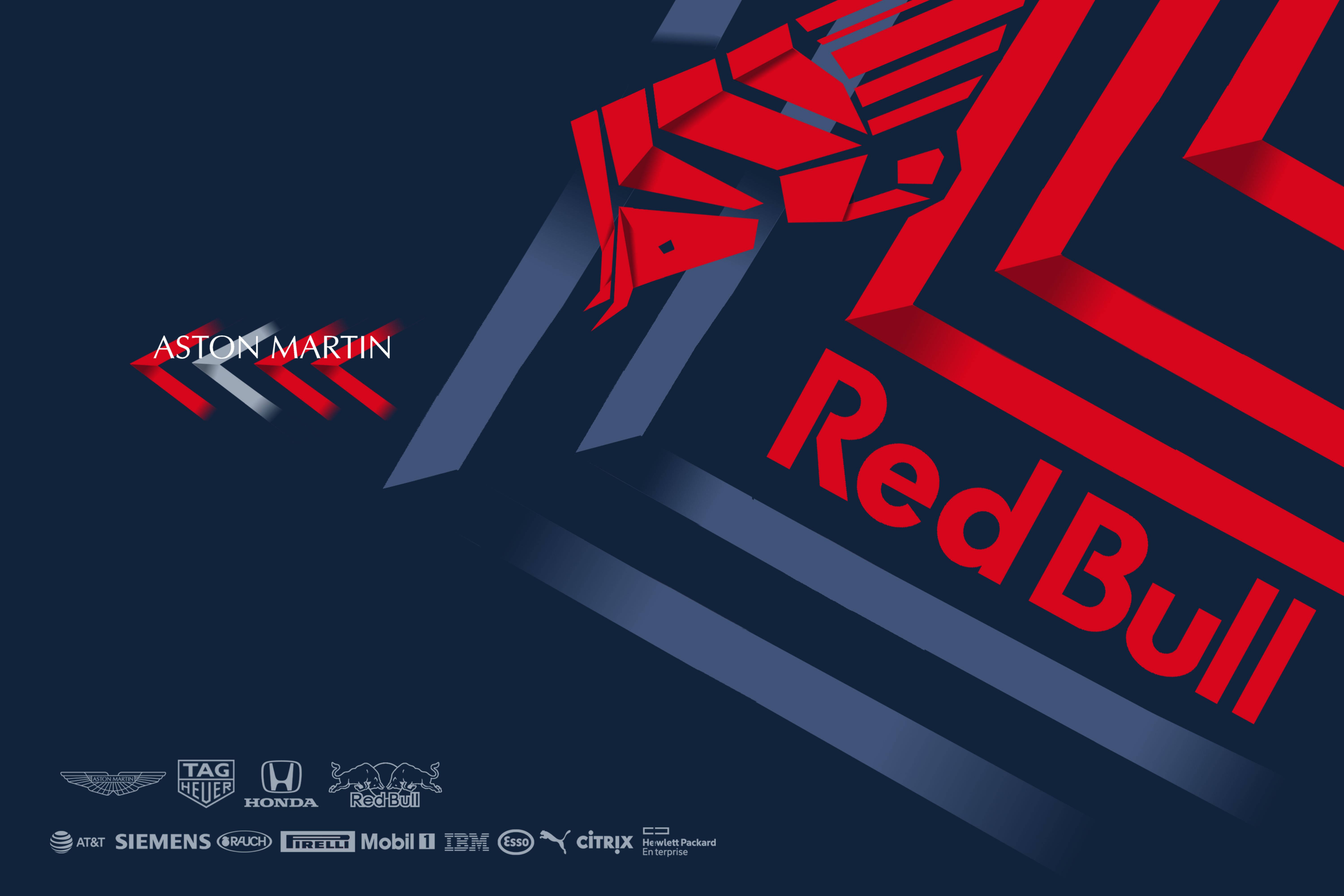bull 桌布 壁紙 — 大膽的紅藍幾何標誌設計，以 Red Bull 和 Aston Martin 為特色，並在深色背景上展示贊助商標誌。
