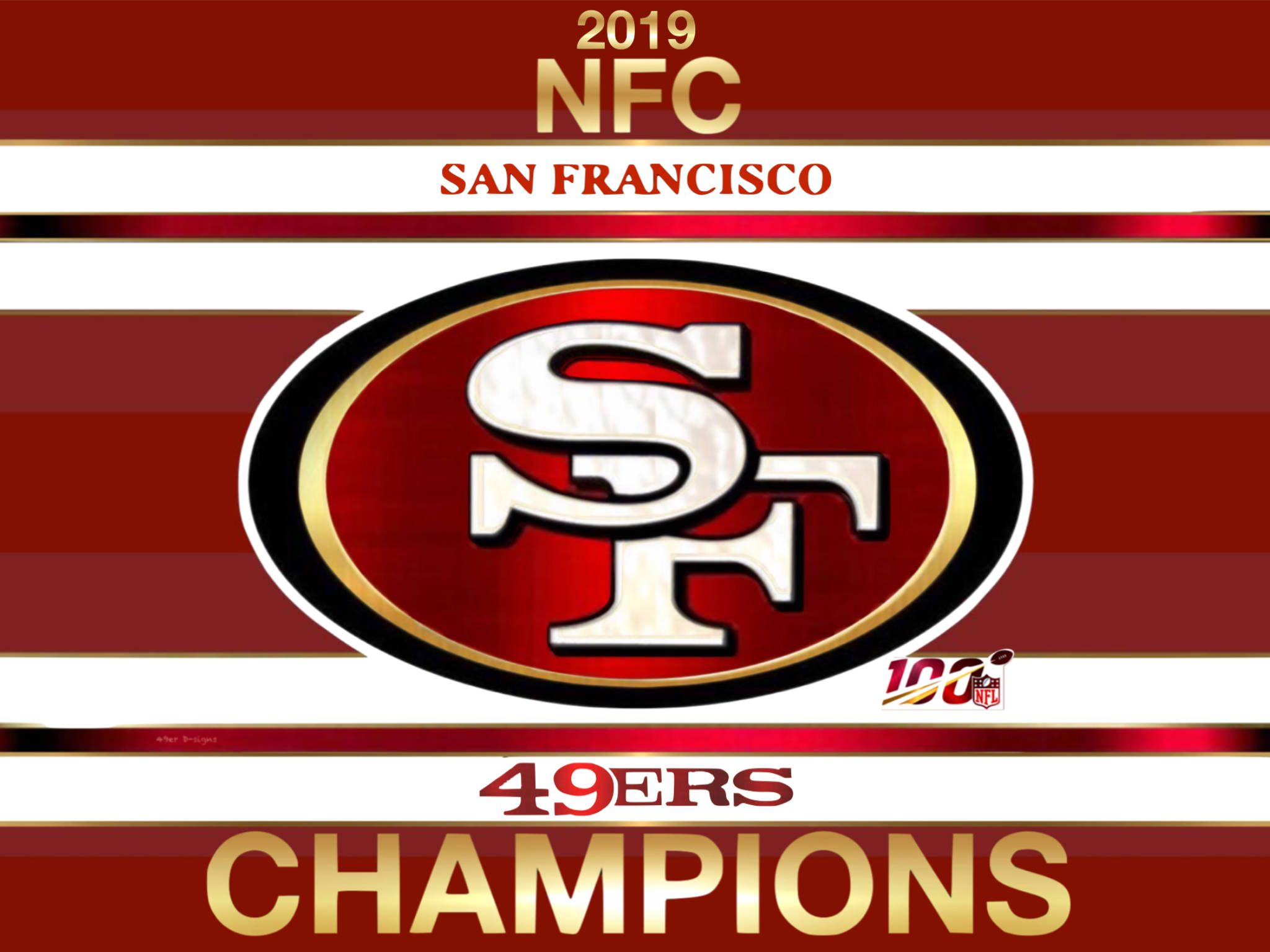 49ers 桌布 壁紙 — 大膽的紅金色桌布，慶祝2019年NFC舊金山49人隊冠軍，帶有突出的球隊標誌和文字。