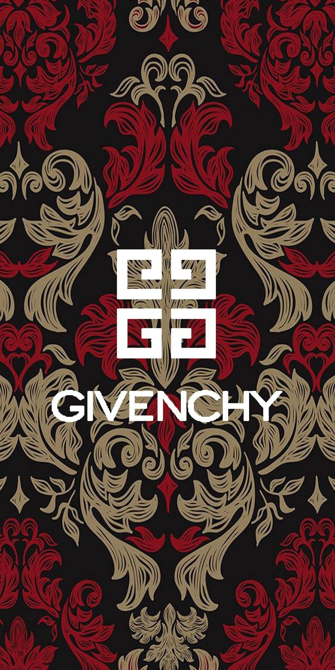 Givenchy 桌布 壁紙 — 大膽的紅金黑錦緞圖案，Givenchy標誌居中，壁紙設計。