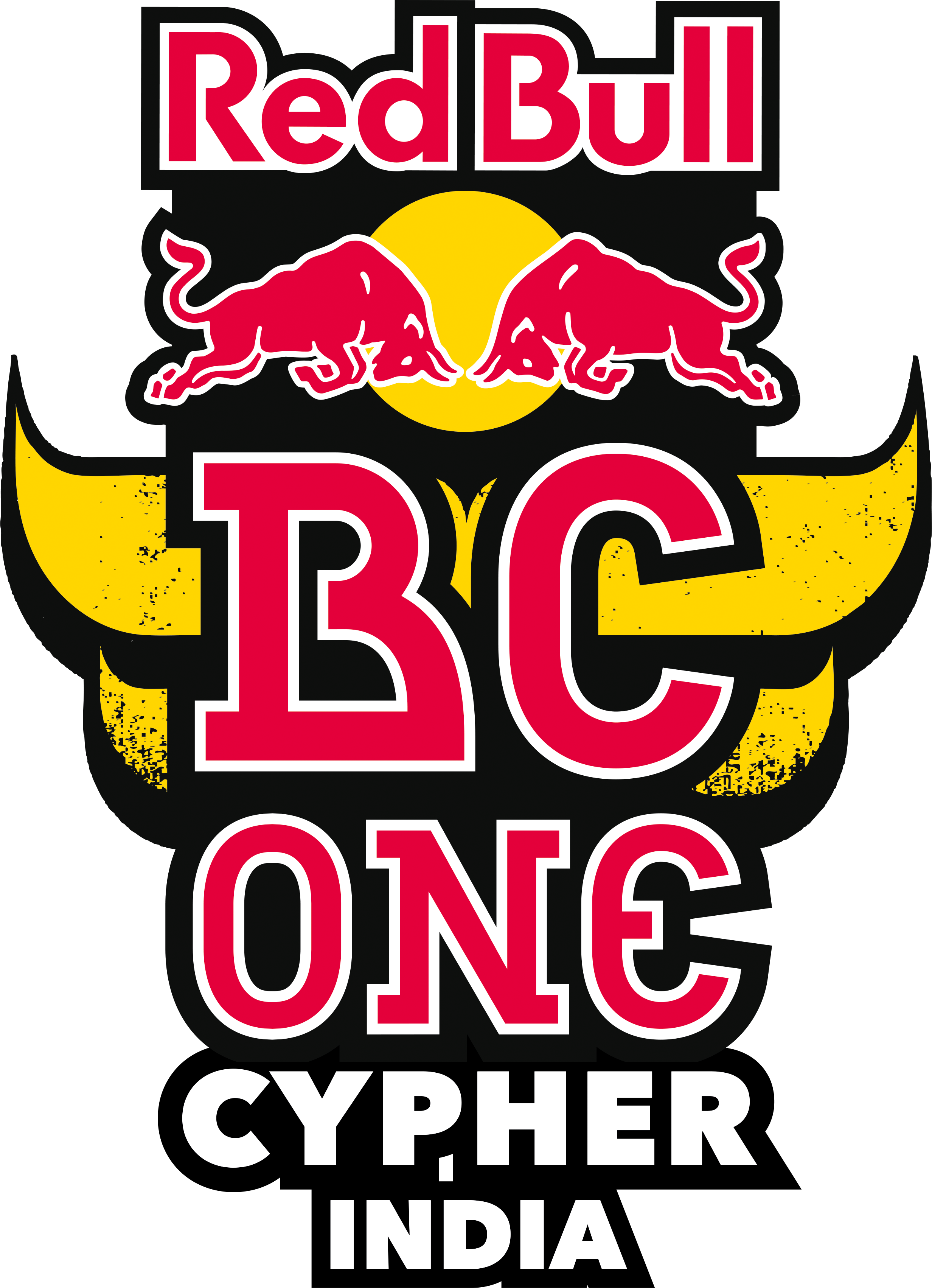 紅牛 桌布 壁紙 — 大膽的紅黃色Red Bull BC One Cypher India標誌，帶有衝鋒的公牛和風格化文字。
