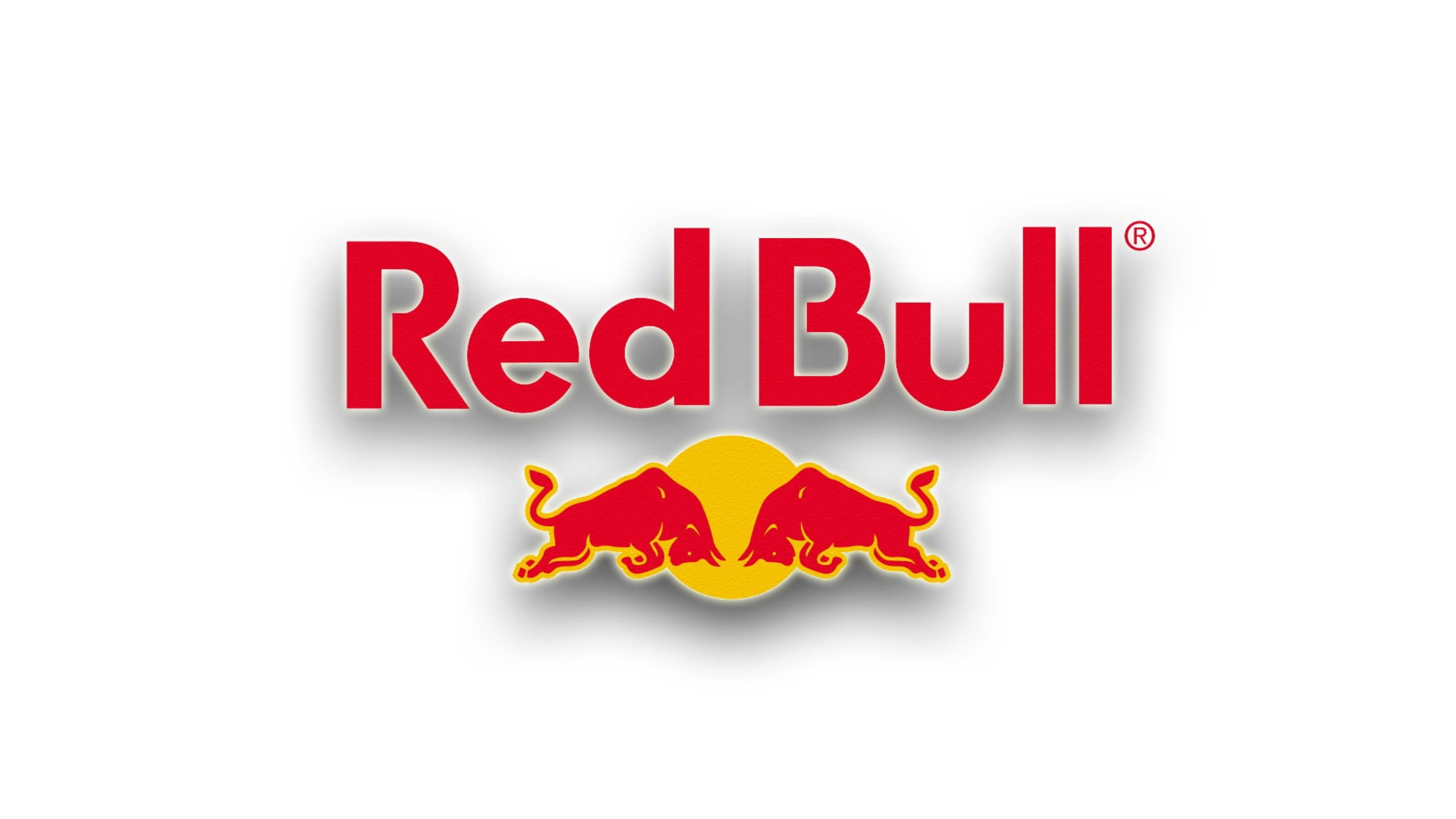 bull 桌布 壁紙 — 大膽的紅黃色Red Bull標誌，兩頭衝鋒的公牛在潔淨的白色背景上。