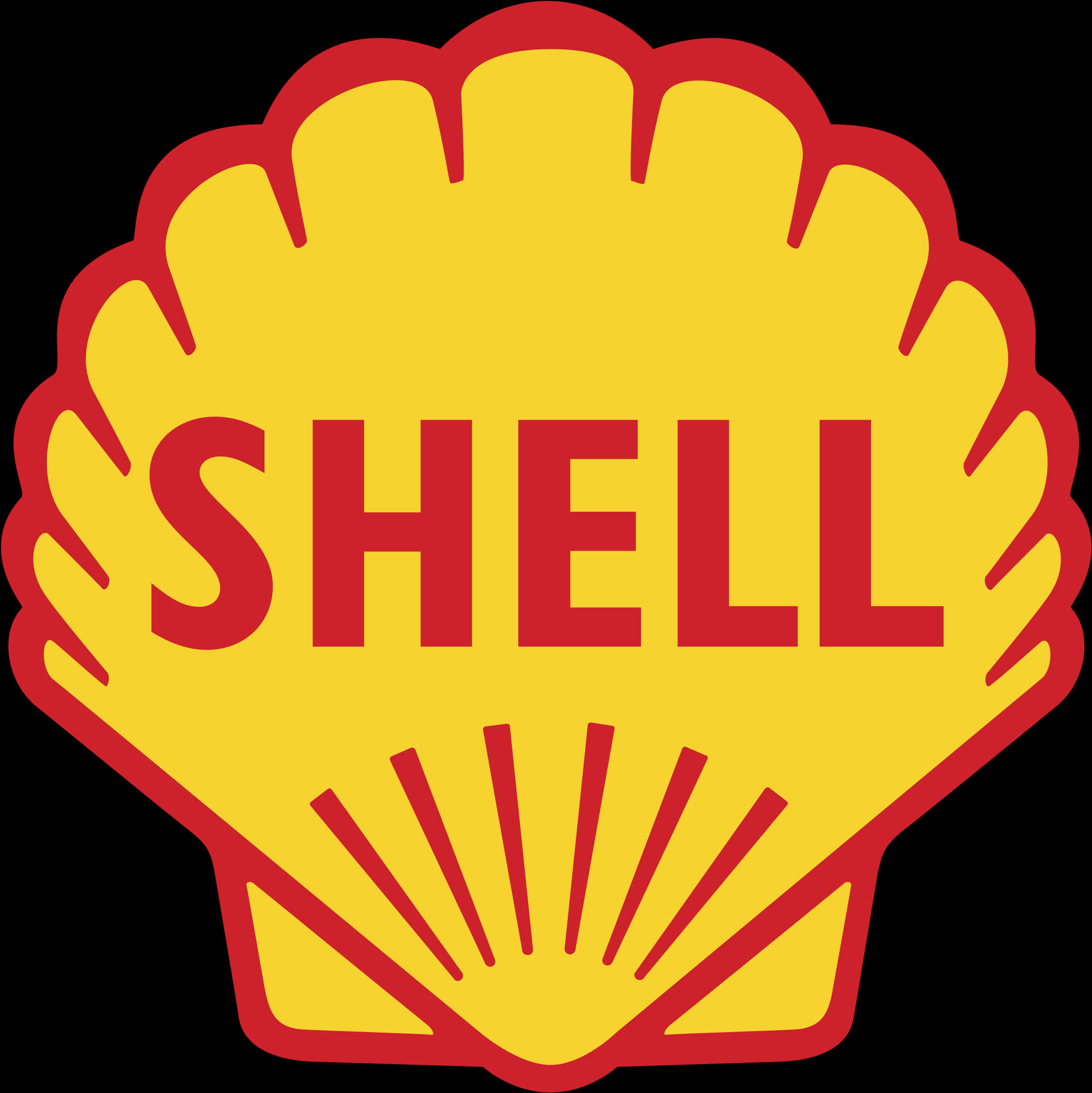 品牌 桌布 壁紙 — 大膽的紅黃色Shell標誌，經典扇貝形狀及大寫文字，襯以黑色背景。