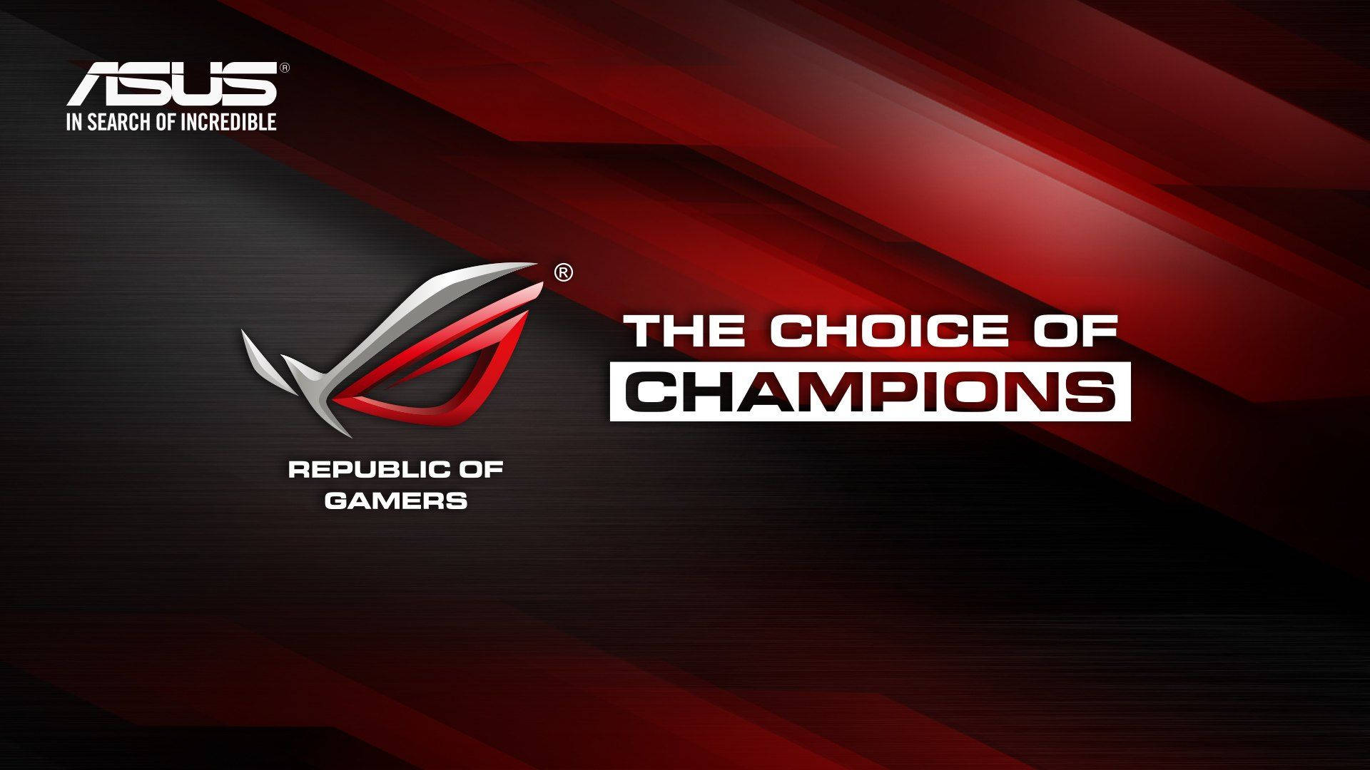ASUS 桌布 壁紙 — 大膽的紅黑ASUS ROG桌布，帶有「The Choice of Champions」標語和時尚的對角光線條紋。