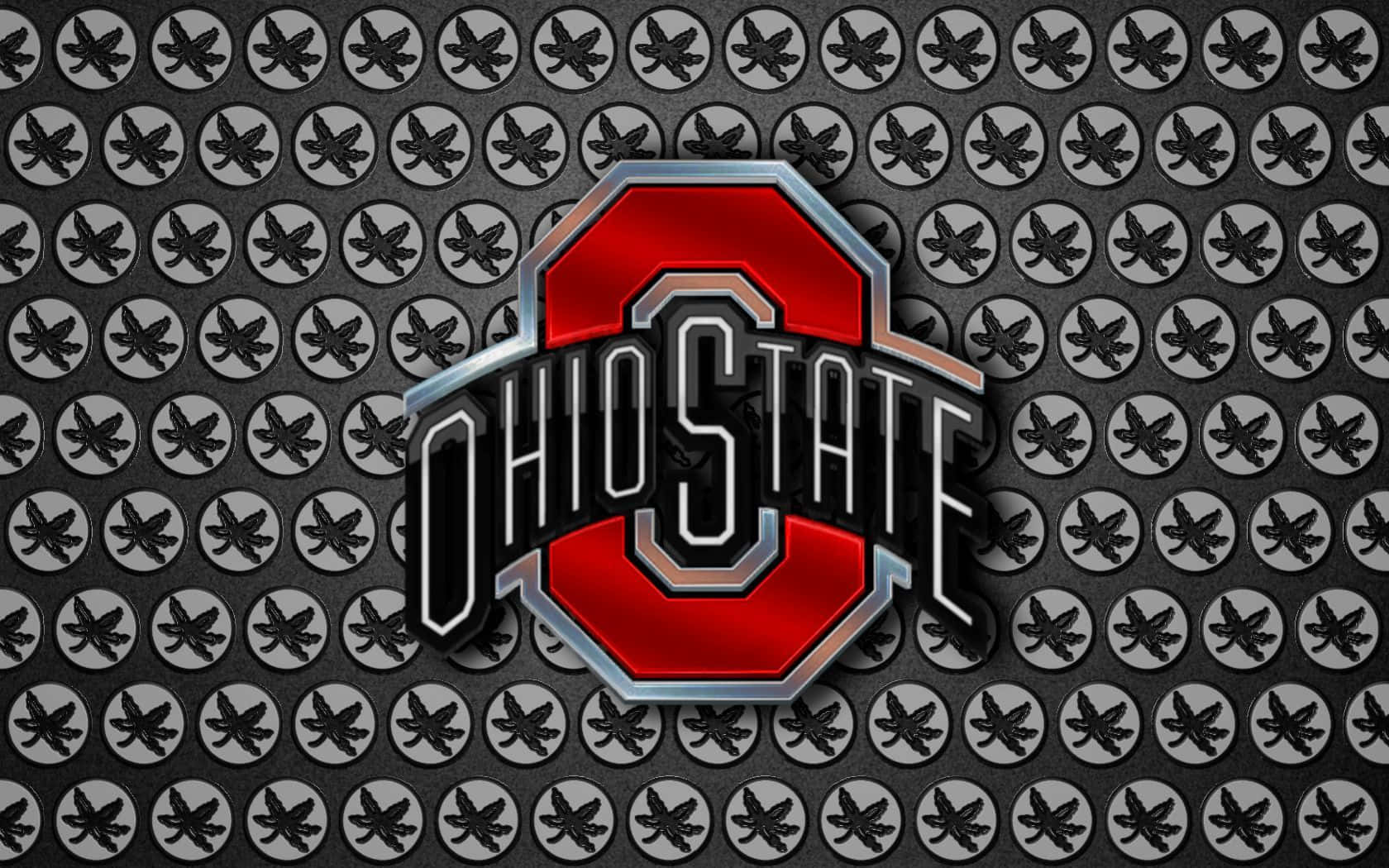 Ohio State Logo 桌布 壁紙 — 大膽的紅黑俄亥俄州立大學標誌，帶有金屬飾邊，居中於重複的灰色圓圈圖案，圓圈內有黑色七葉樹葉。