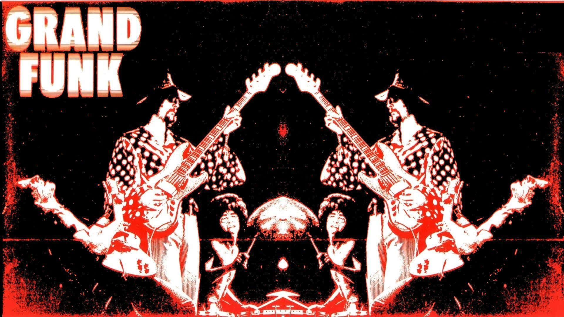 Funk 桌布 壁紙 — 大膽的紅黑圖形海報，展示Grand Funk Railroad樂隊成員在鏡像對稱設計中彈奏吉他和打鼓。