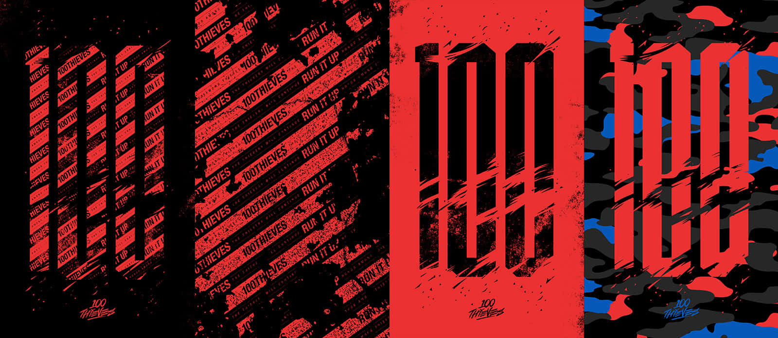 100 Thieves 桌布 壁紙 — 大膽的紅黑塗鴉風格字體，帶有重複文字圖案和磨損紋理。