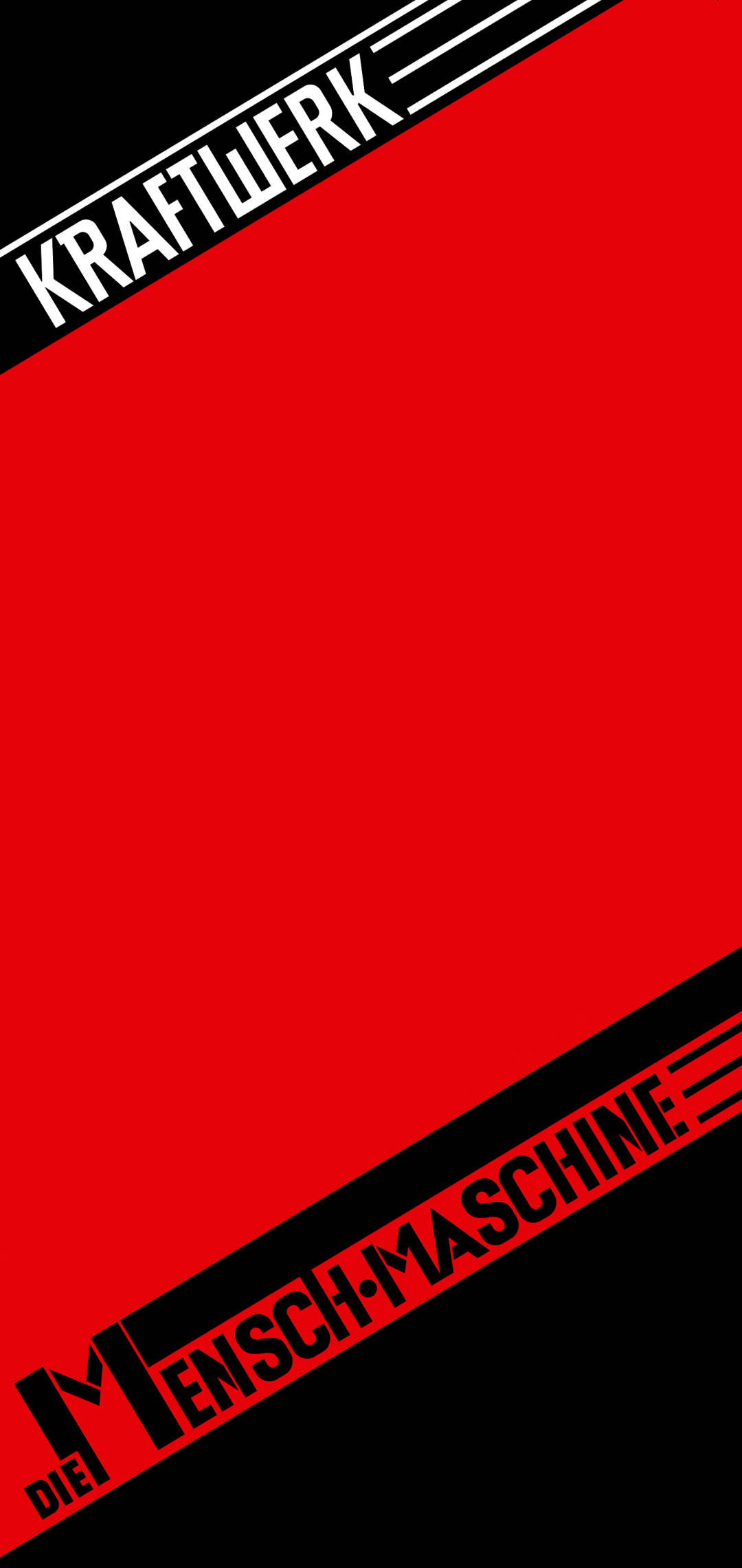 band 桌布 壁紙 — 大膽的紅黑對角分割，白色文字寫著 Kraftwerk 和 Die Mensch-Maschine。