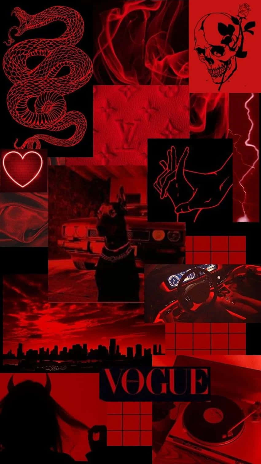 Red Cute Aesthetic 桌布 壁紙 — 大膽的紅黑拼貼，融合骷髏、蛇、心形及奢華圖案，呈現高對比美學。