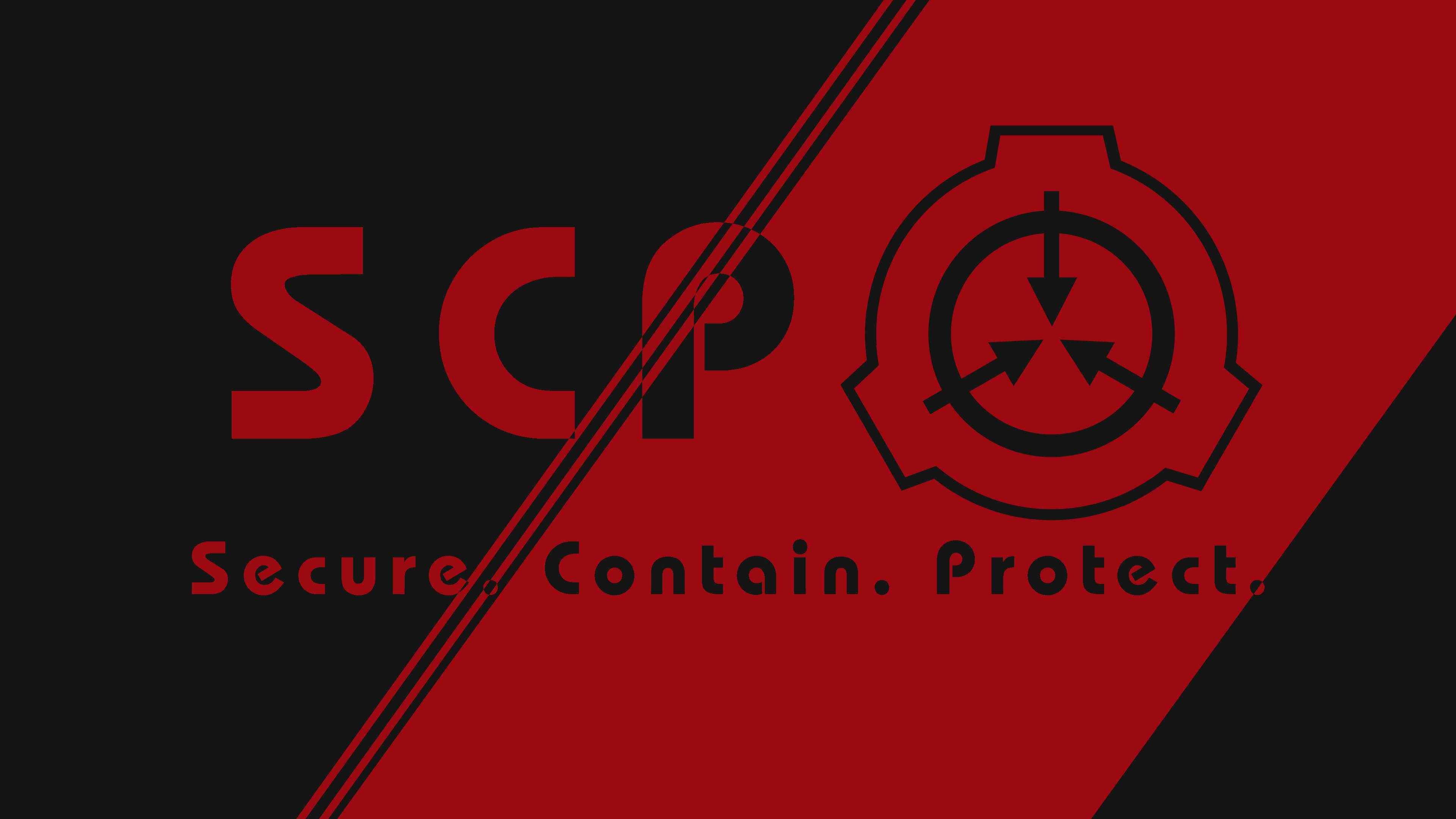 SCP 桌布 壁紙 — 大膽的紅黑斜角分割背景，SCP基金會標誌和格言形成強烈對比。