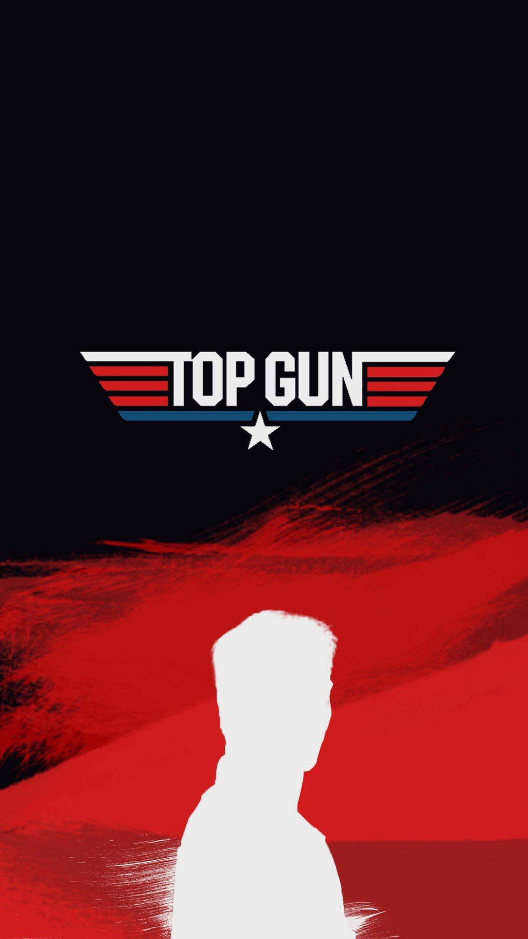 白色飛行員剪影正面朝前，上方有 Top Gun 標誌，紅黑背景。