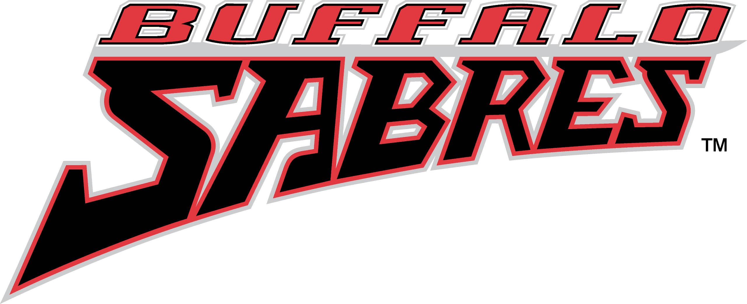 Sabres 桌布 壁紙 — 大膽的紅黑白色水牛城軍刀隊標誌，帶有銳利的角度字體和商標符號。