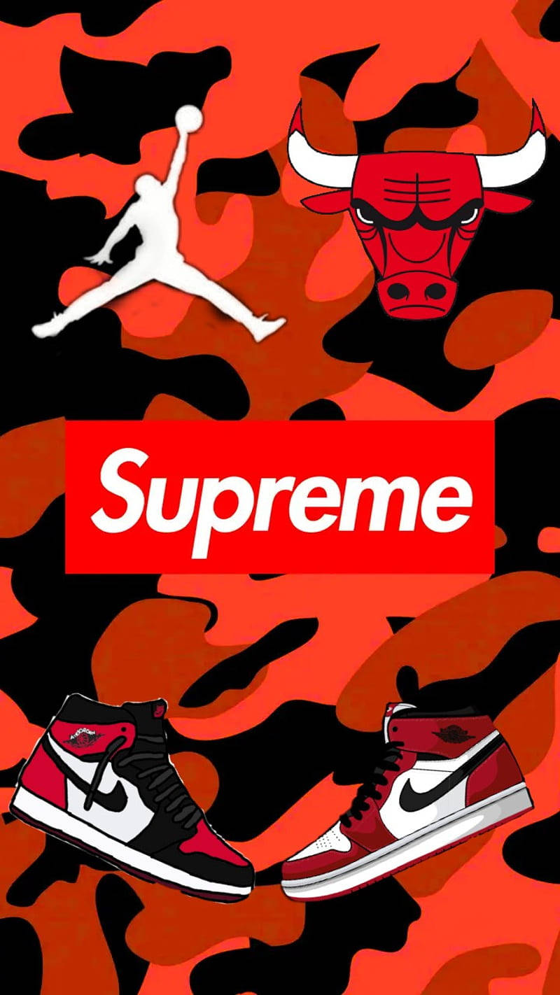 迷彩背景上的Supreme標誌、Jordan剪影、Bulls標誌和紅白運動鞋。