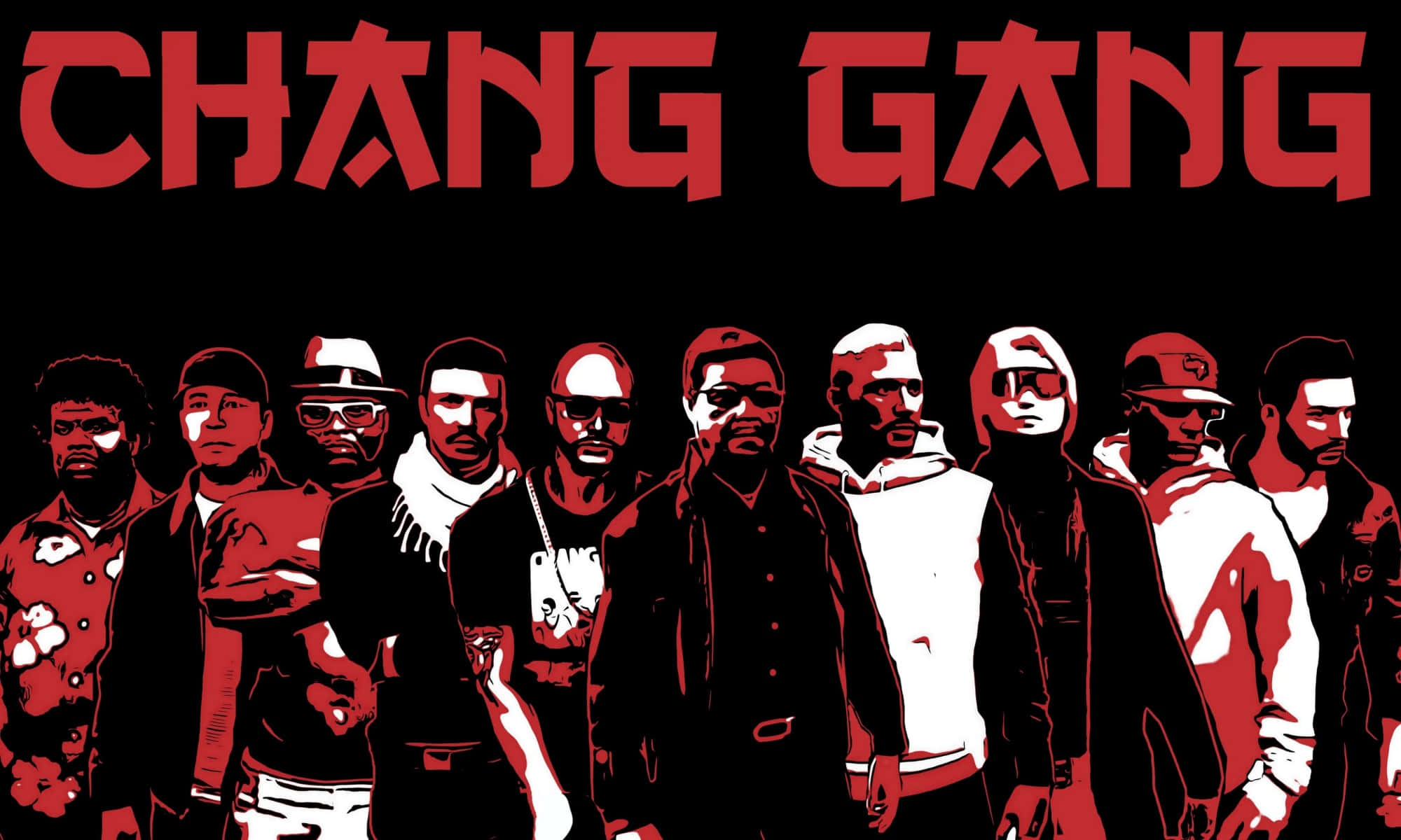 Gang 桌布 壁紙 — 大膽的紅黑風格插圖，描繪一群男子在「CHANG GANG」文字下方。
