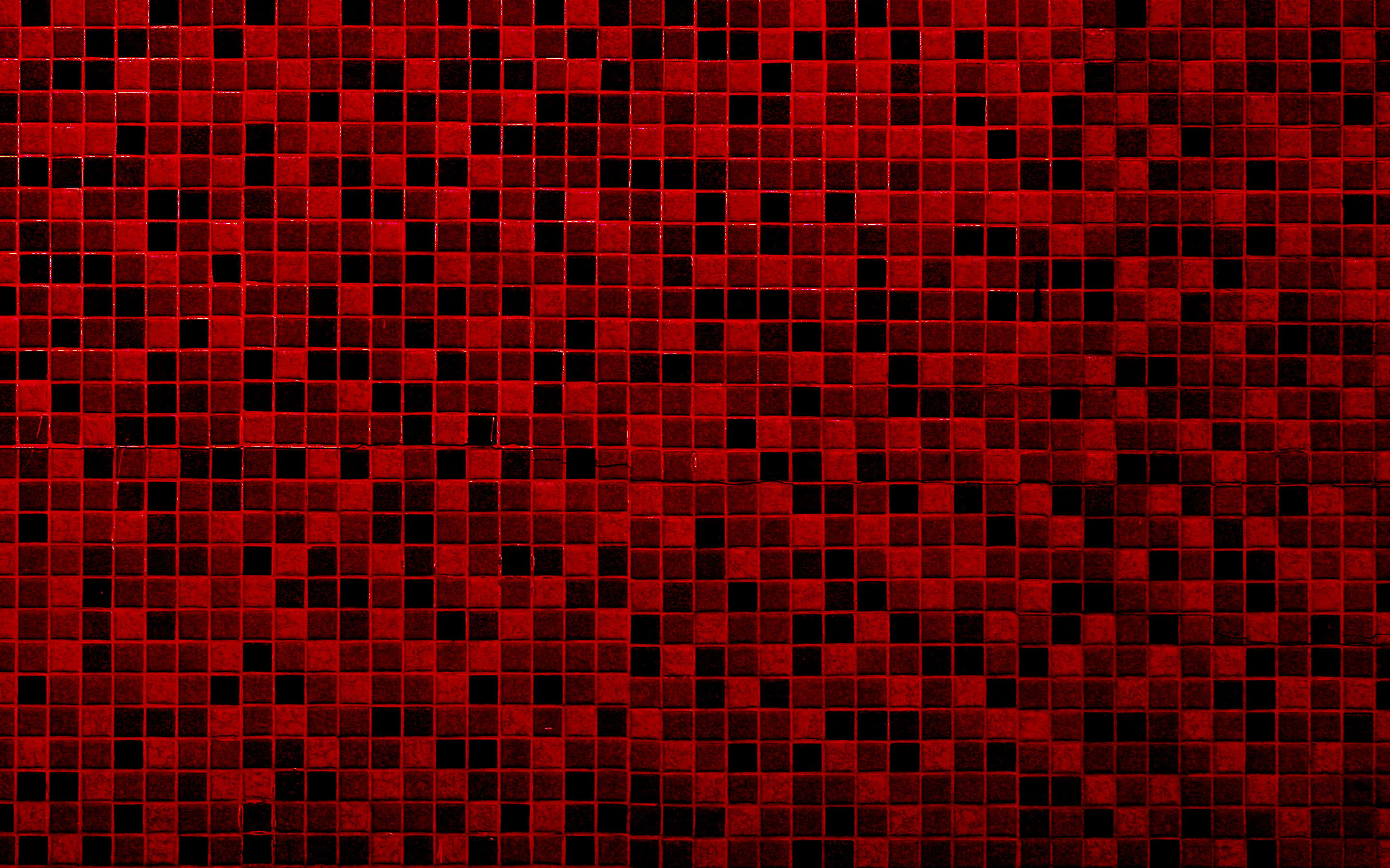 Dark Red Aesthetic 桌布 壁紙 — 大膽的紅黑馬賽克瓷磚圖案，帶有紋理方塊，營造出動態的抽象表面。