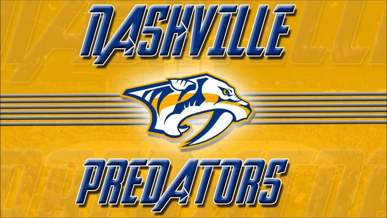 Predators 桌布 壁紙 — 大膽的納什維爾掠奪者標誌，以兇猛的掠奪者吉祥物為中心，背景為鮮黃色，帶有藍色文字和金屬條紋。