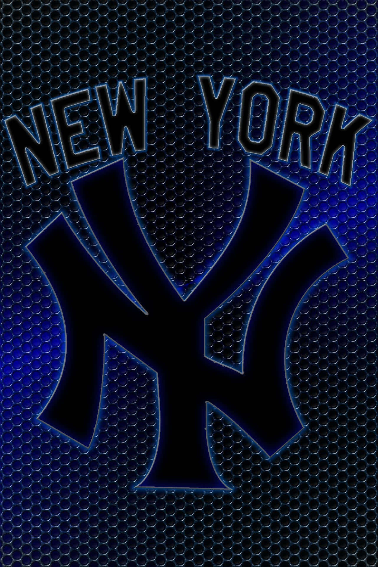 New York Yankees iPhone 桌布 壁紙 — 大膽的紐約洋基標誌在帶有紋理的金屬網格背景上發出電光藍色霓虹光。