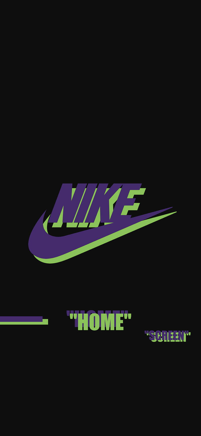 Nike 桌布 壁紙 — 大膽的紫色和綠色Nike標誌居中在黑色背景上，下方有「HOME」和「SCREEN」文字。