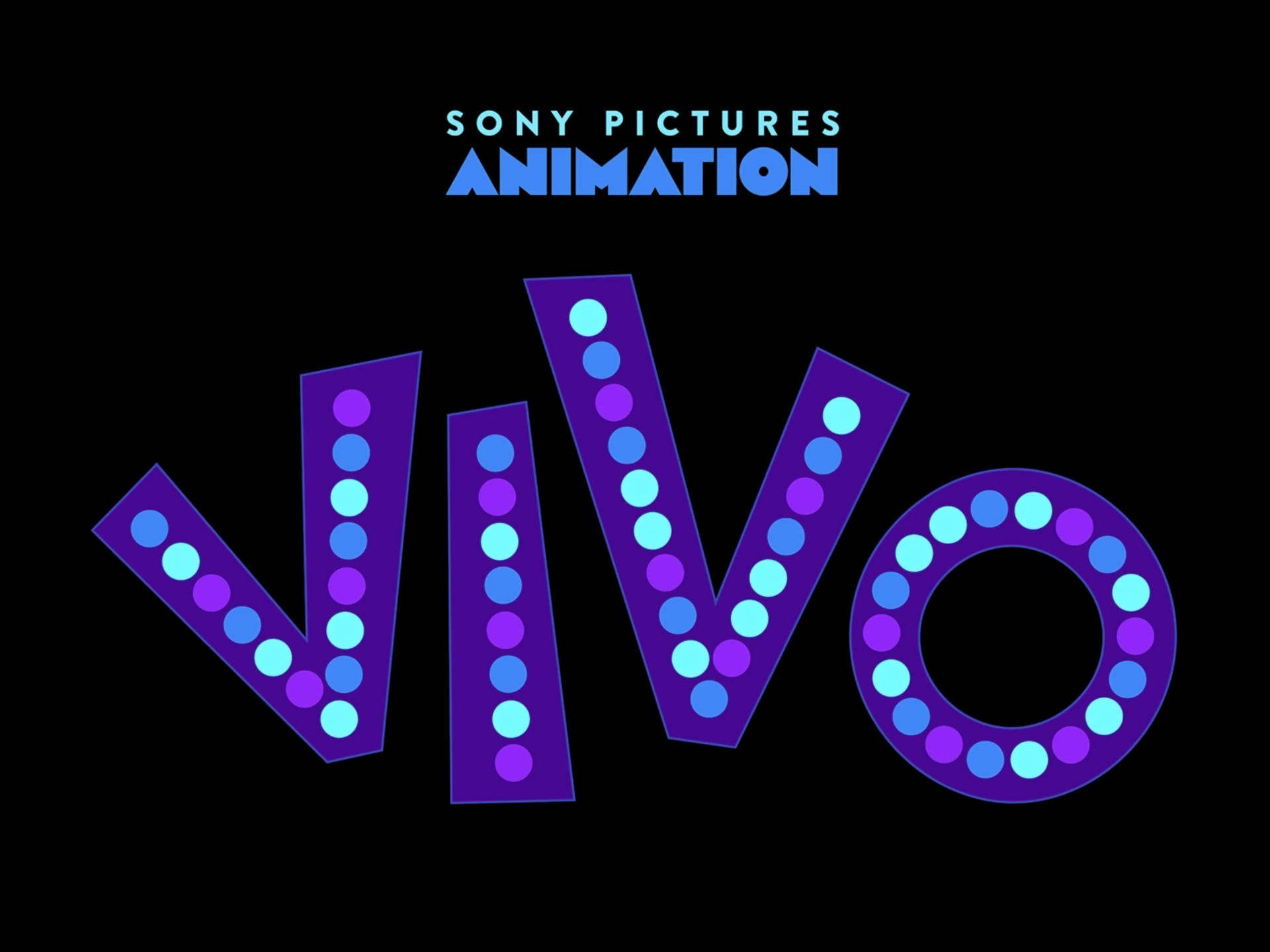 Vivo 桌布 壁紙 — 大膽的紫色和藍色點狀「Vivo」標誌在 Sony Pictures Animation 品牌下，在純黑色背景上發光。
