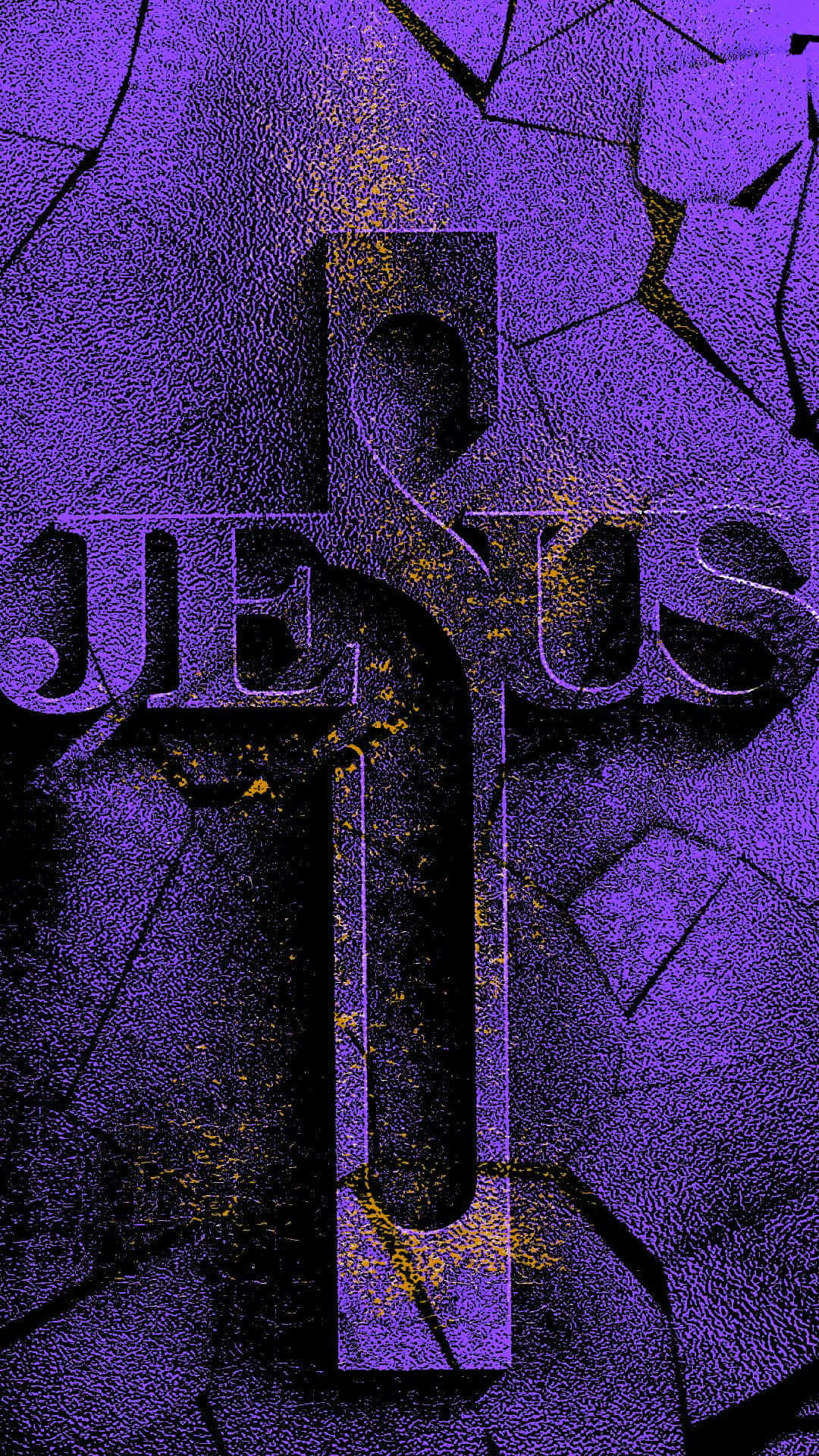 Cool Jesus 桌布 壁紙 — 大膽的紫色耶穌文字從帶有金色斑點和暗影的裂紋紋理表面浮現。
