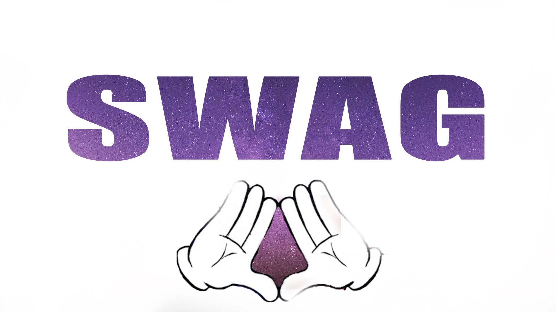 Dope Desktop 桌布 壁紙 — 大膽的紫色閃亮SWAG文字由卡通手舉起形成心形，背景為純白色。