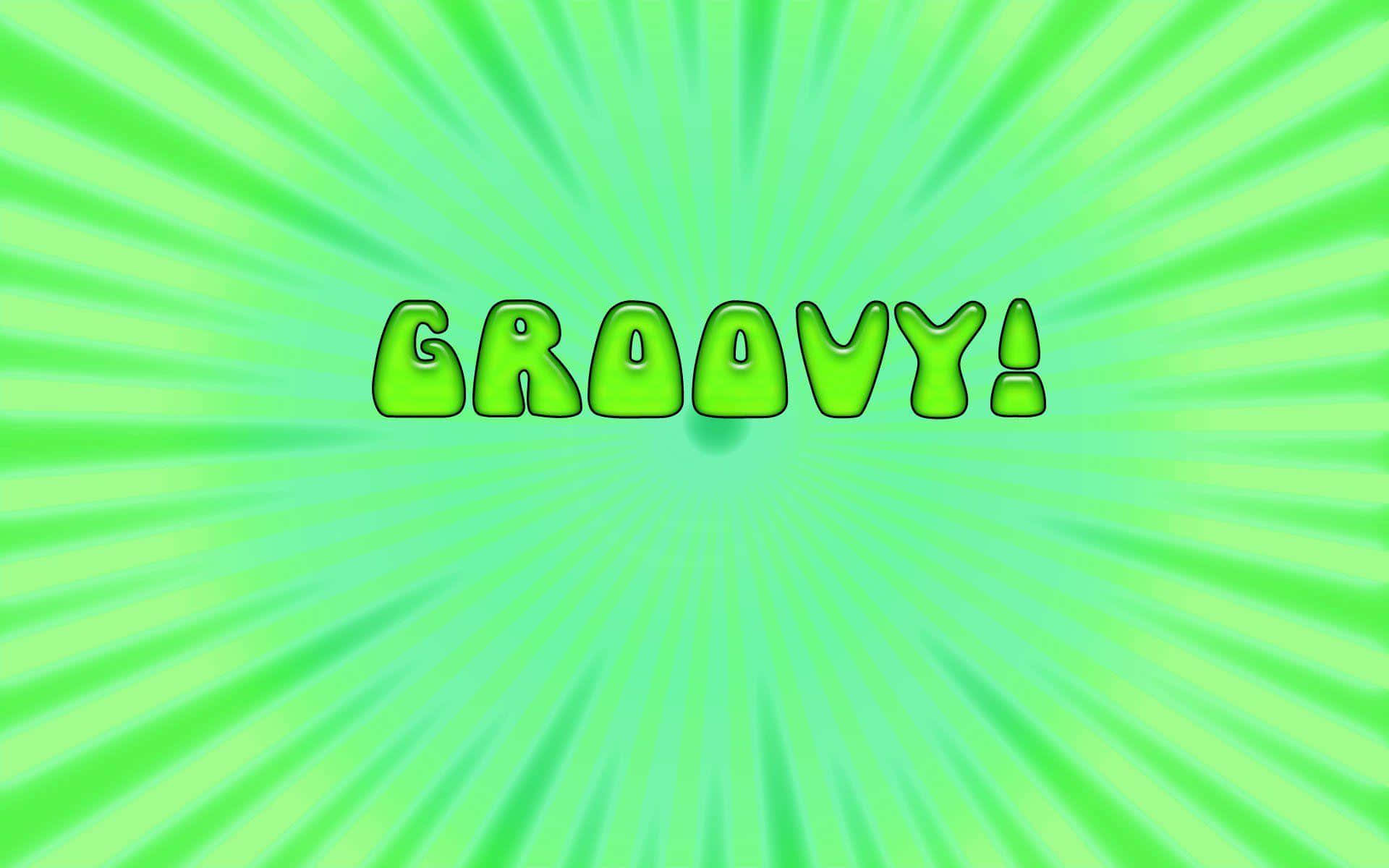 Groovy 桌布 壁紙 — 大膽的綠色「GROOVY!」文字在帶有條紋的鮮豔放射狀綠色背景上跳動。