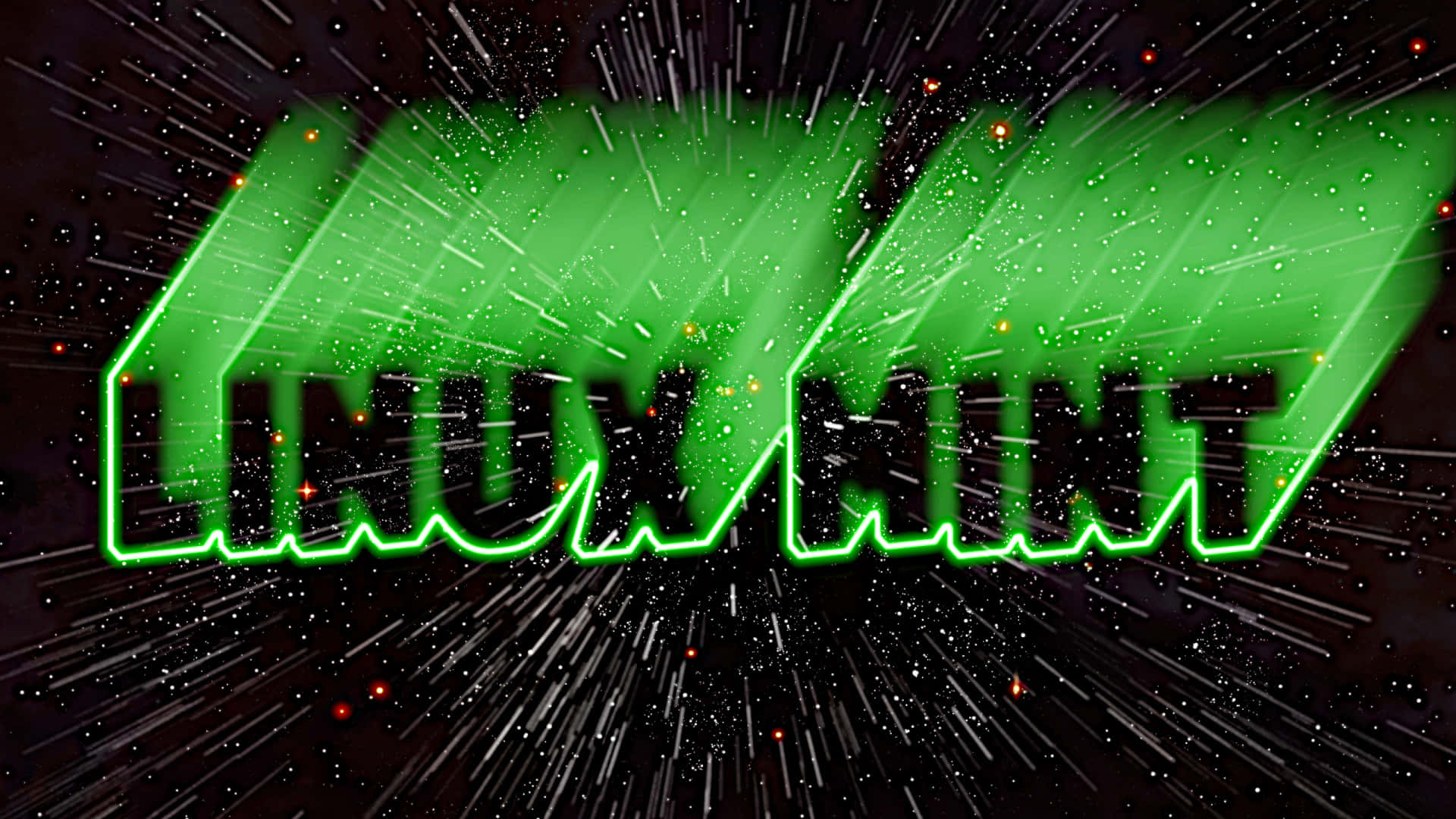 Linux 桌布 壁紙 — 大膽的綠色 Linux Mint 標誌在星空背景下發光，帶有光跡和宇宙粒子。