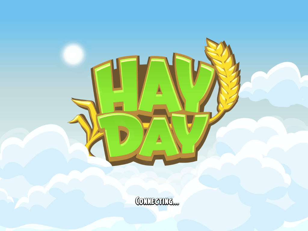Hay 桌布 壁紙 — 大膽的綠色3D字母拼出「HAY DAY」，麥穗漂浮在蓬鬆的雲朵之上，陽光燦爛。