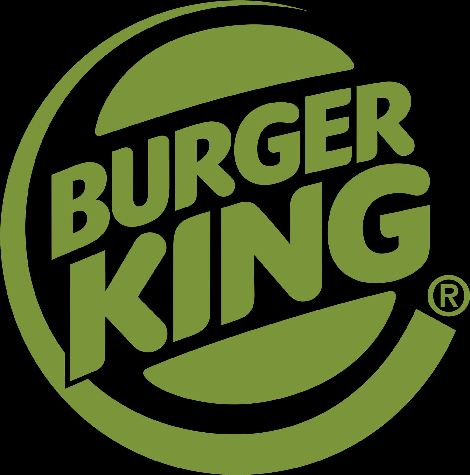 Burger King 桌布 壁紙 — 大膽的綠色Burger King標誌，帶有風格化的麵包形狀和註冊商標，背景為黑色。