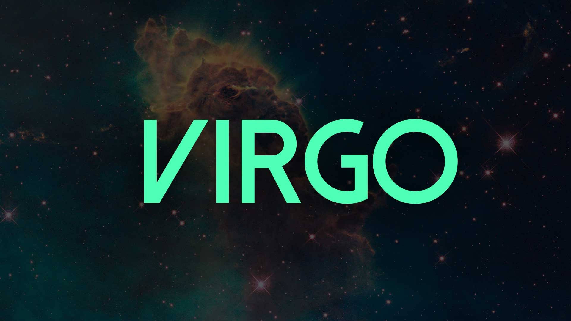 zodiac 桌布 壁紙 — 大膽的綠色VIRGO文字疊加在宇宙星雲上，星雲中閃爍著星星，位於深空。