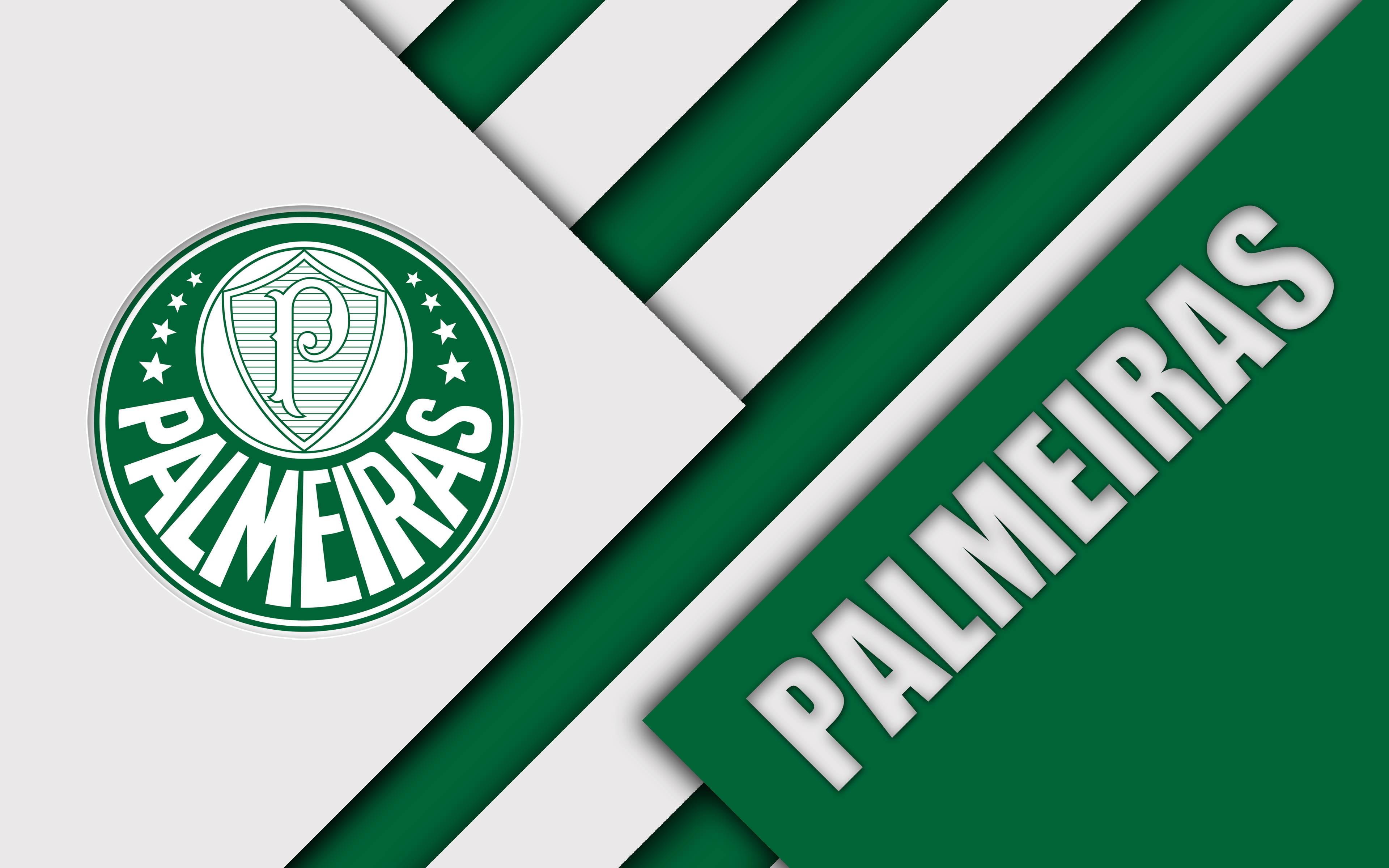 Palmeiras 桌布 壁紙 — 大膽的綠色和白色對角線條紋以清晰的字體框住帕爾梅拉斯隊徽和球隊名稱。