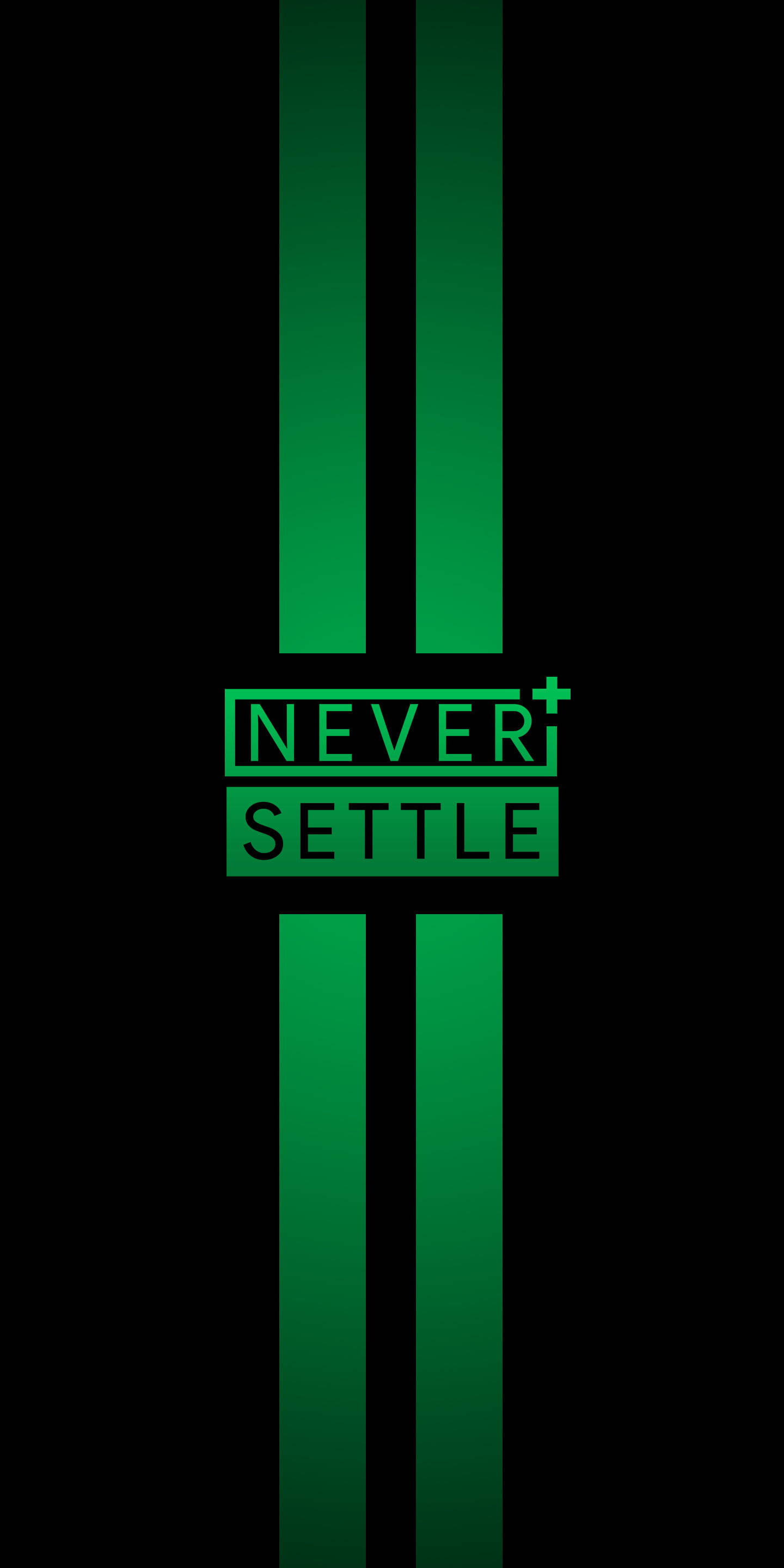 Quote 桌布 壁紙 — 大膽的綠色條紋和文字「NEVER SETTLE」在極簡數位設計的黑色背景上發光。