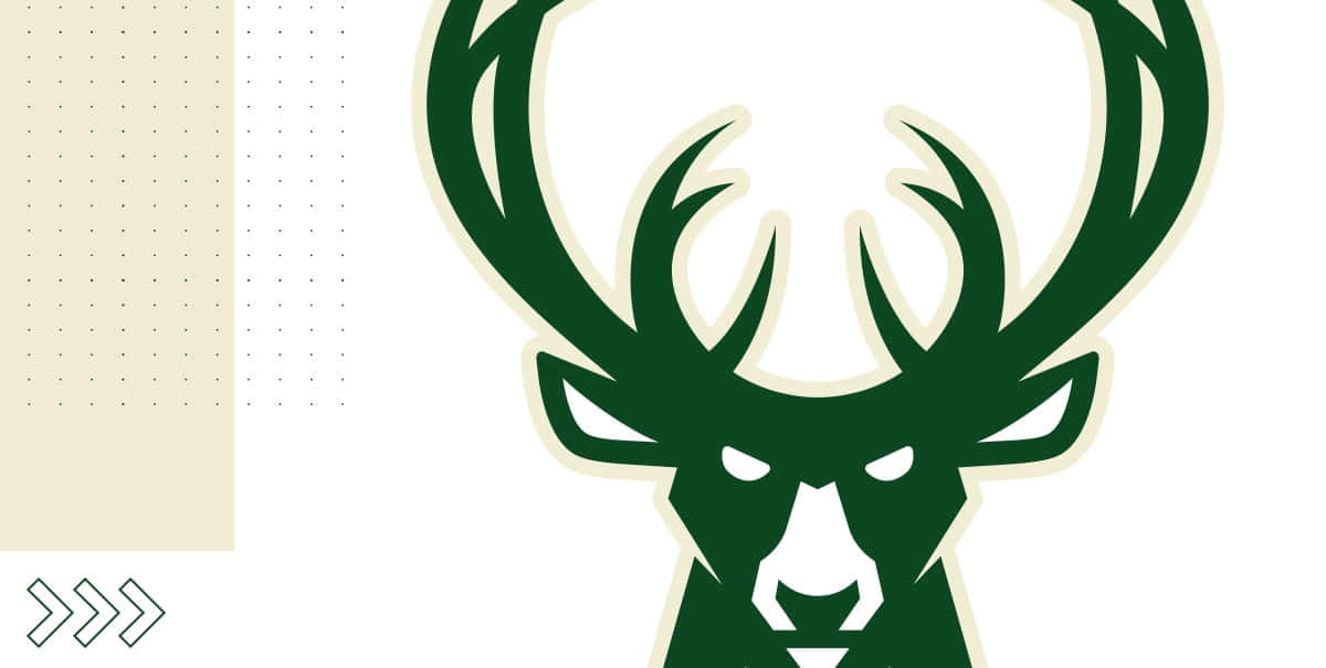 Milwaukee Bucks Logo 桌布 壁紙 — 大膽的綠色鹿頭標誌，帶有奶油色輪廓，白色背景上帶有米色圓點面板和箭頭圖標。