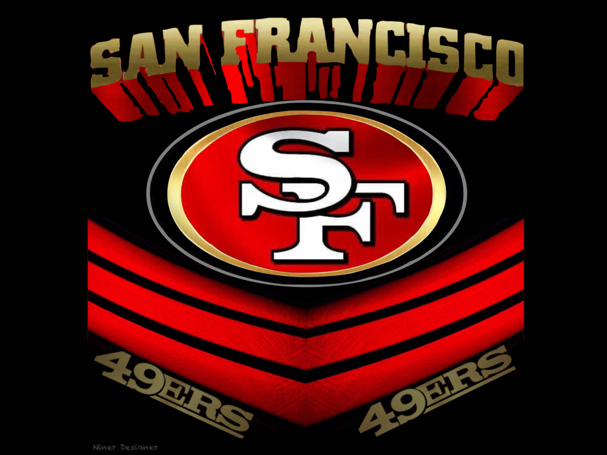 49ers 桌布 壁紙 — 大膽的舊金山49人標誌，以紅、金、黑色在黑色背景上呈現。