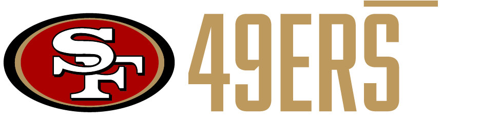 San Francisco 49ers 桌布 壁紙 — 大膽的舊金山49人隊標誌和文字，紅、金、白色，黑色背景。