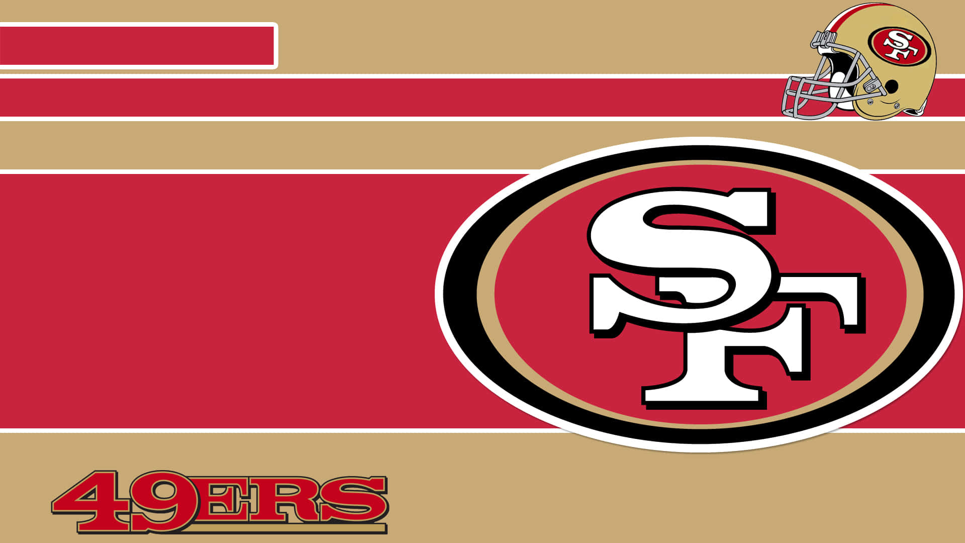 49ers 桌布 壁紙 — 大膽的舊金山49人隊標誌和頭盔，在紅、金、白條紋背景上。